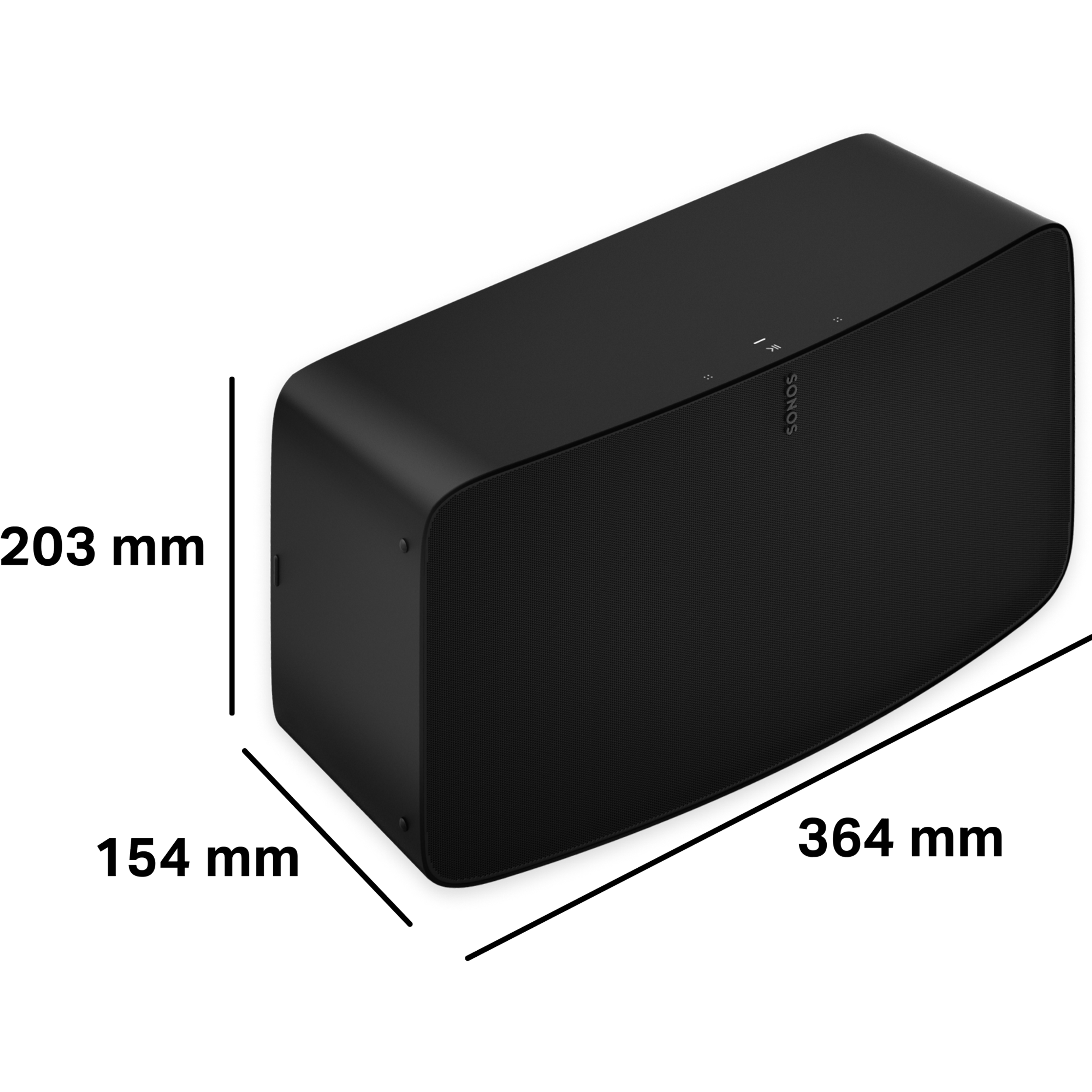 Sonos Five är 203 mm hög, 154 mm djup och 364 mm bred
