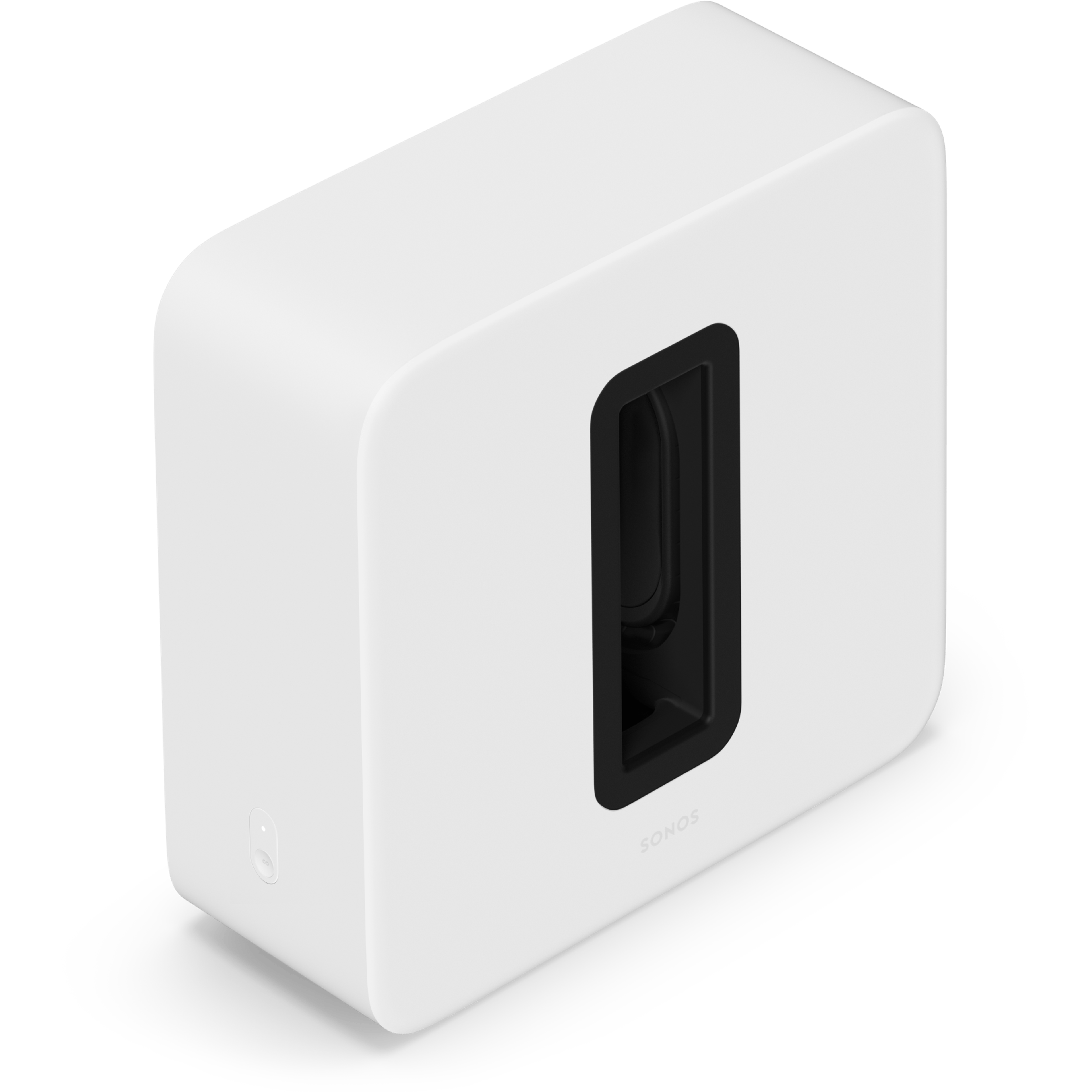 Leicht schräge Ansicht eines Sonos Sub 4 in Weiß