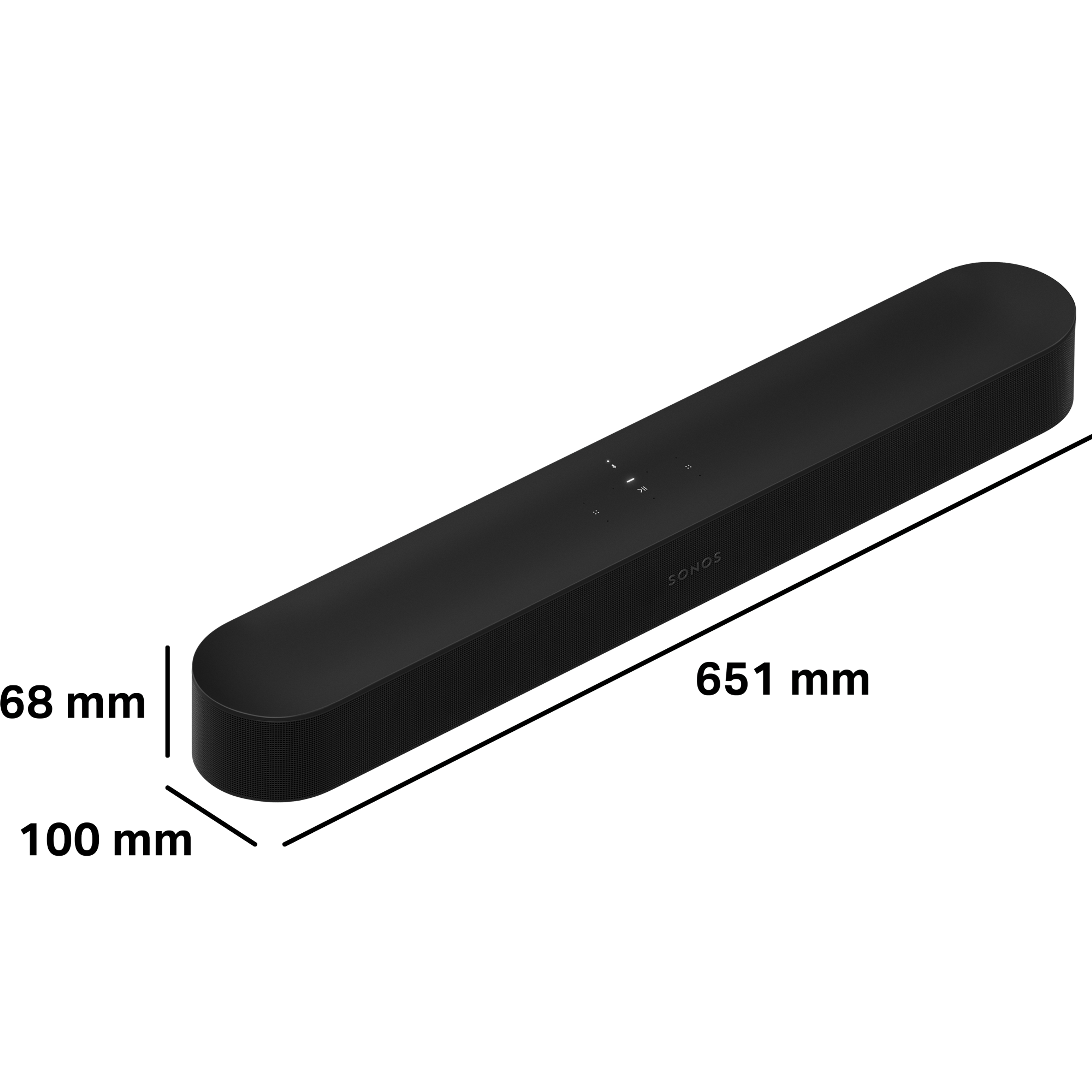 Sonos Beamin korkeus on 68 mm, syvyys 100 mm cm ja leveys 651 mm