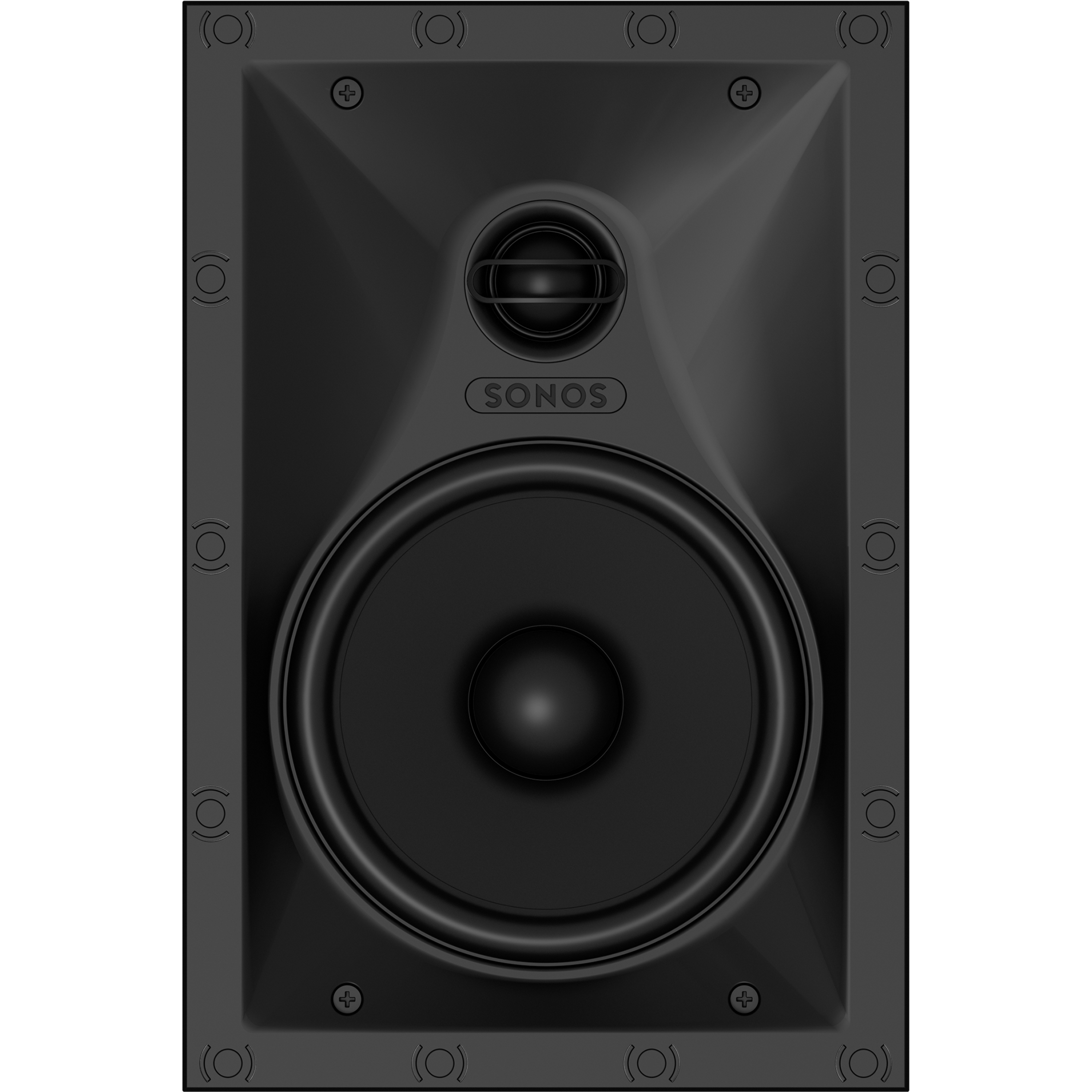 Front view of in-wall speaker with speaker grille removed