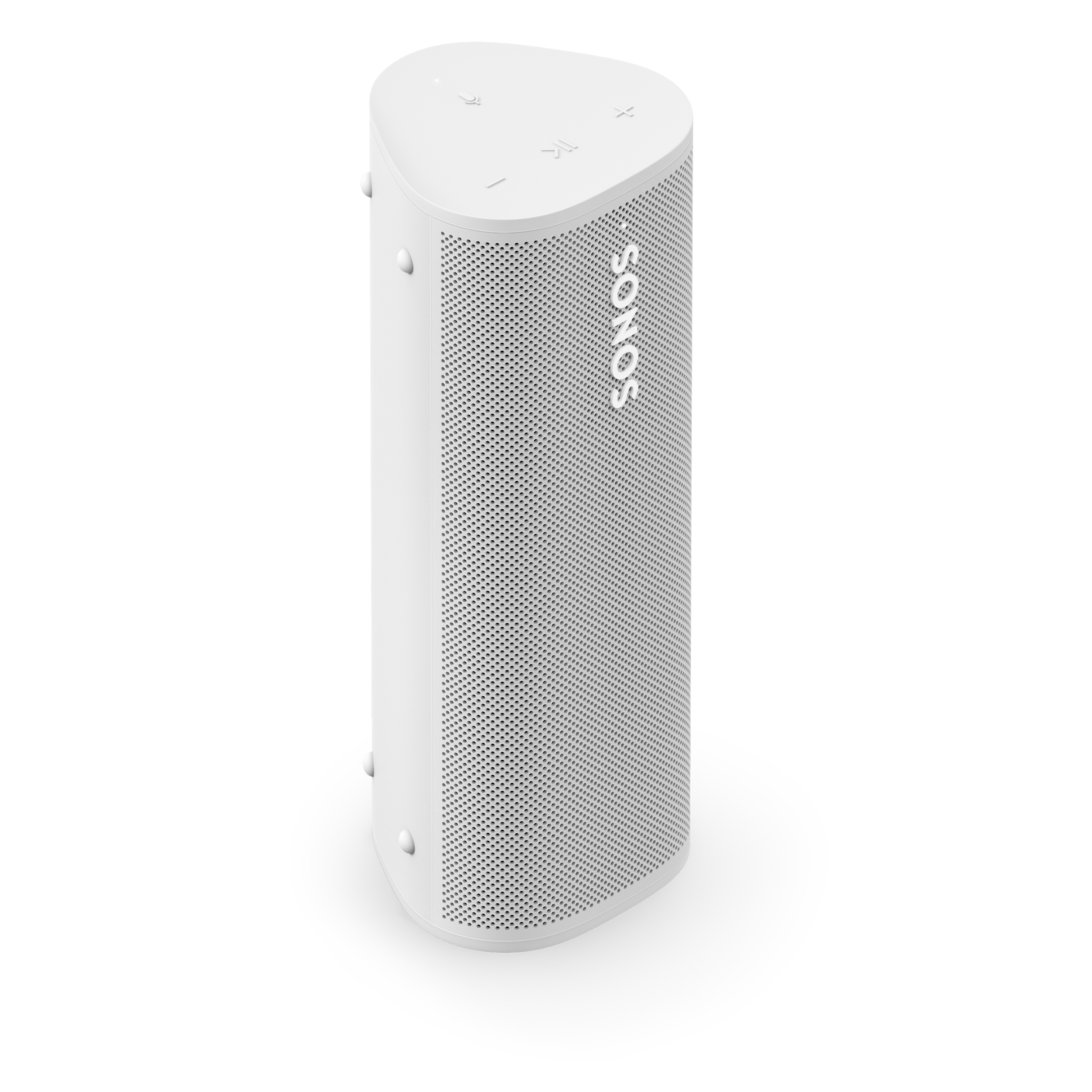 Hero Vorderansicht und schräge Draufsicht auf den Sonos Roam 2 in Weiß