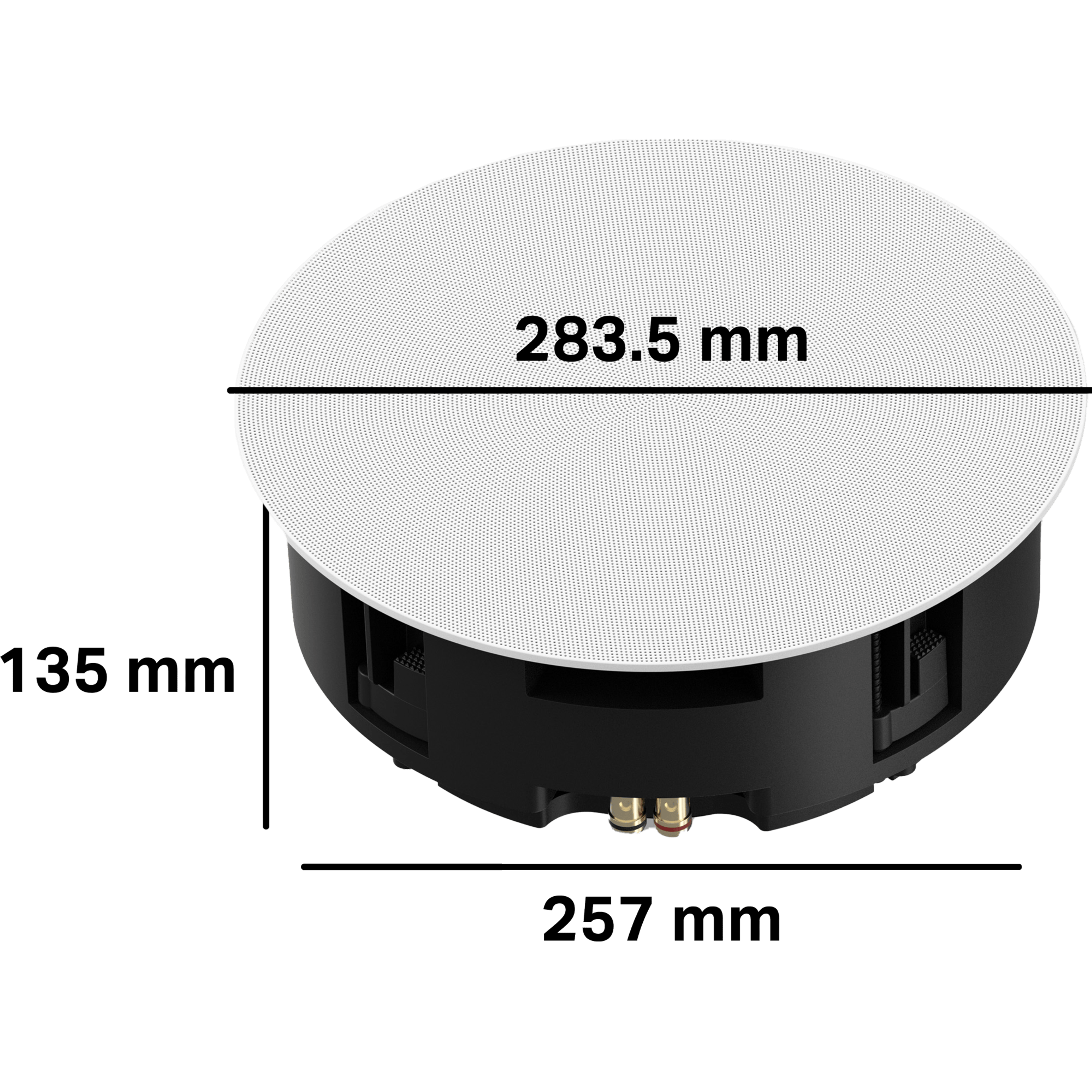 La carcasa para estas bocinas In-Ceiling mide 135 mm de profundidad y requiere un orificio de 257 mm de diámetro. El diámetro de la rejilla exterior es de 283.5 mm.