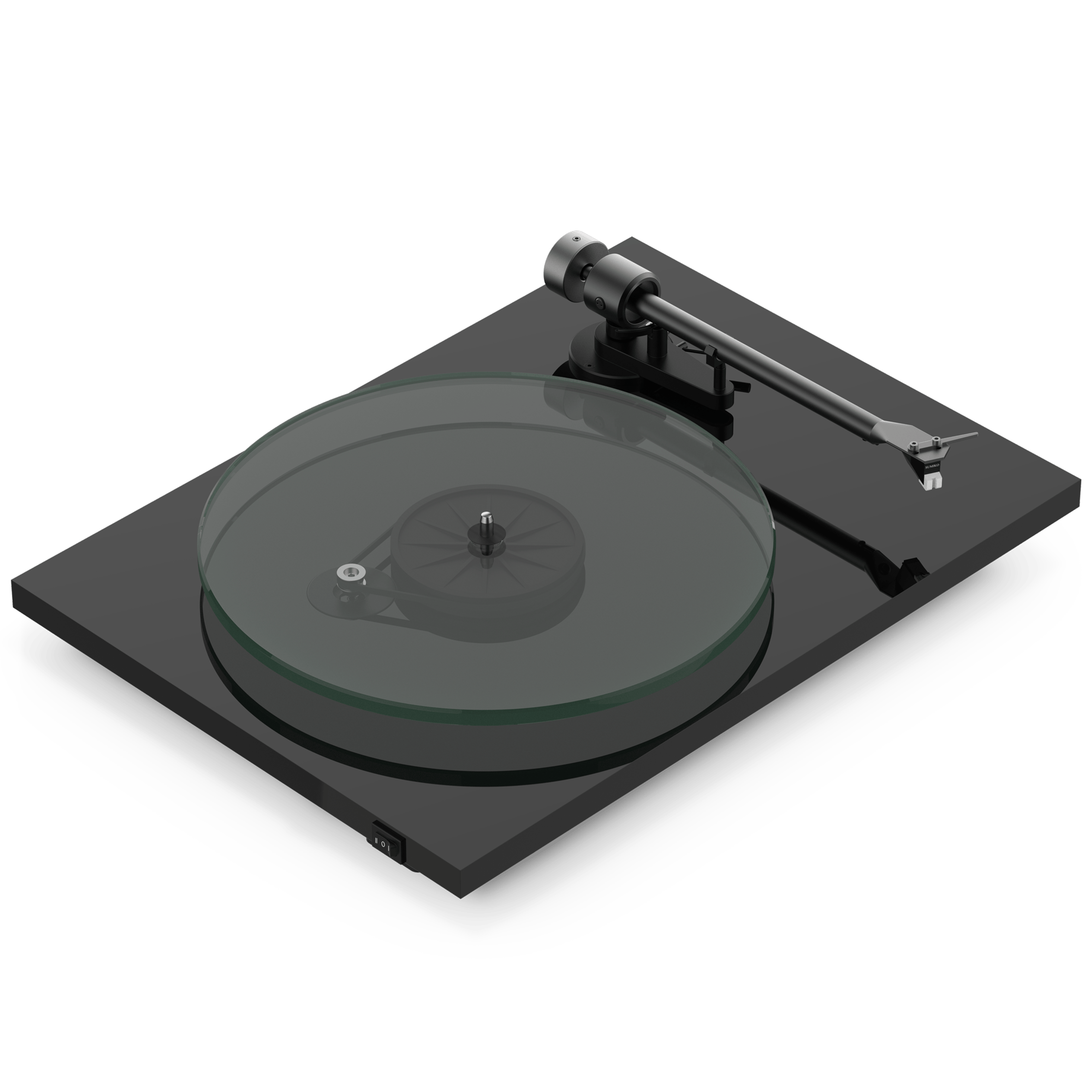 Vue de devant d’un tourne-disque Pro-Ject T2 Super Phono noir sans couvercle antipoussière