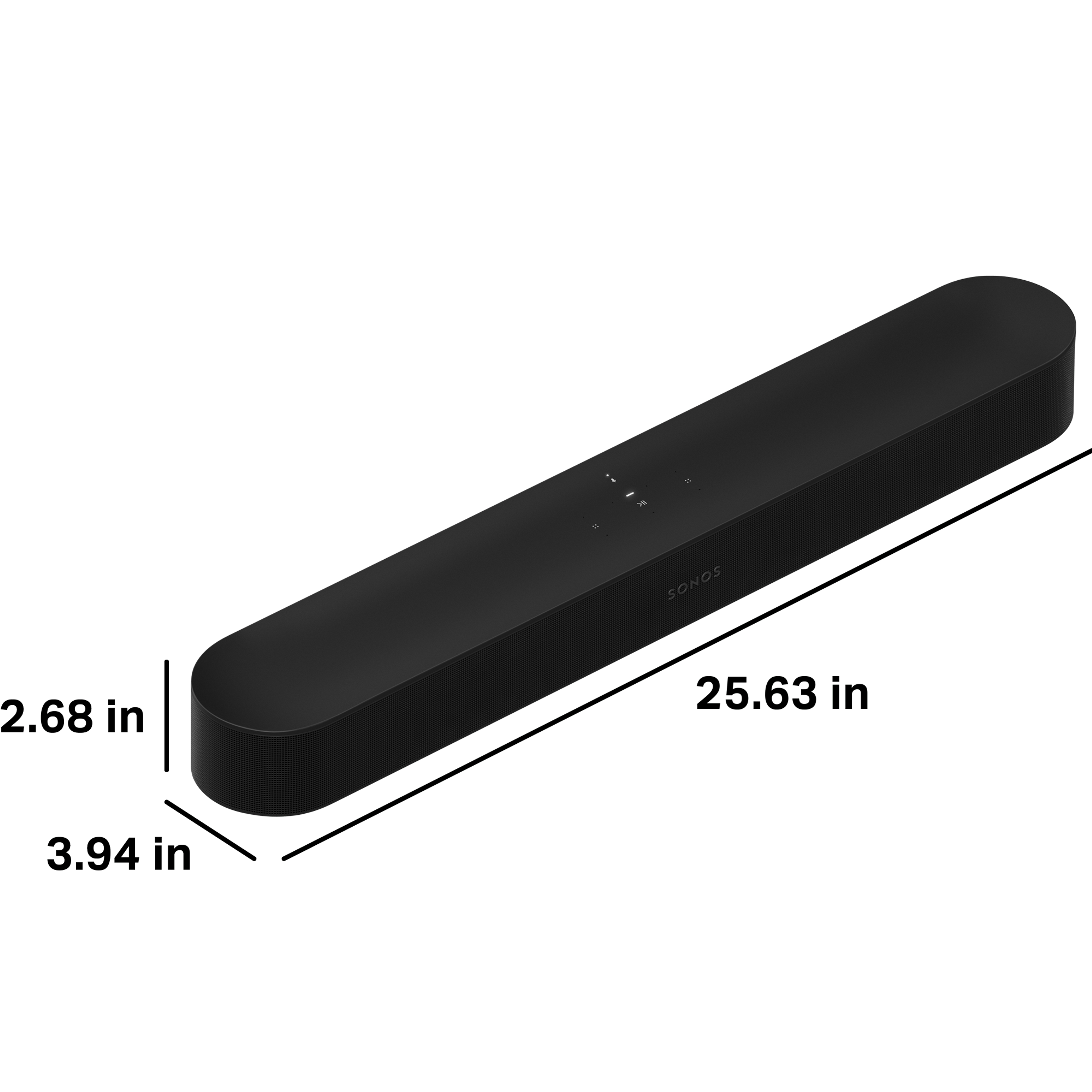 Sonos Beam is 2.68 inches (68 mm) tall, 3.94 inches (100 mm) deep, and 25.63 inches (651 mm) wide