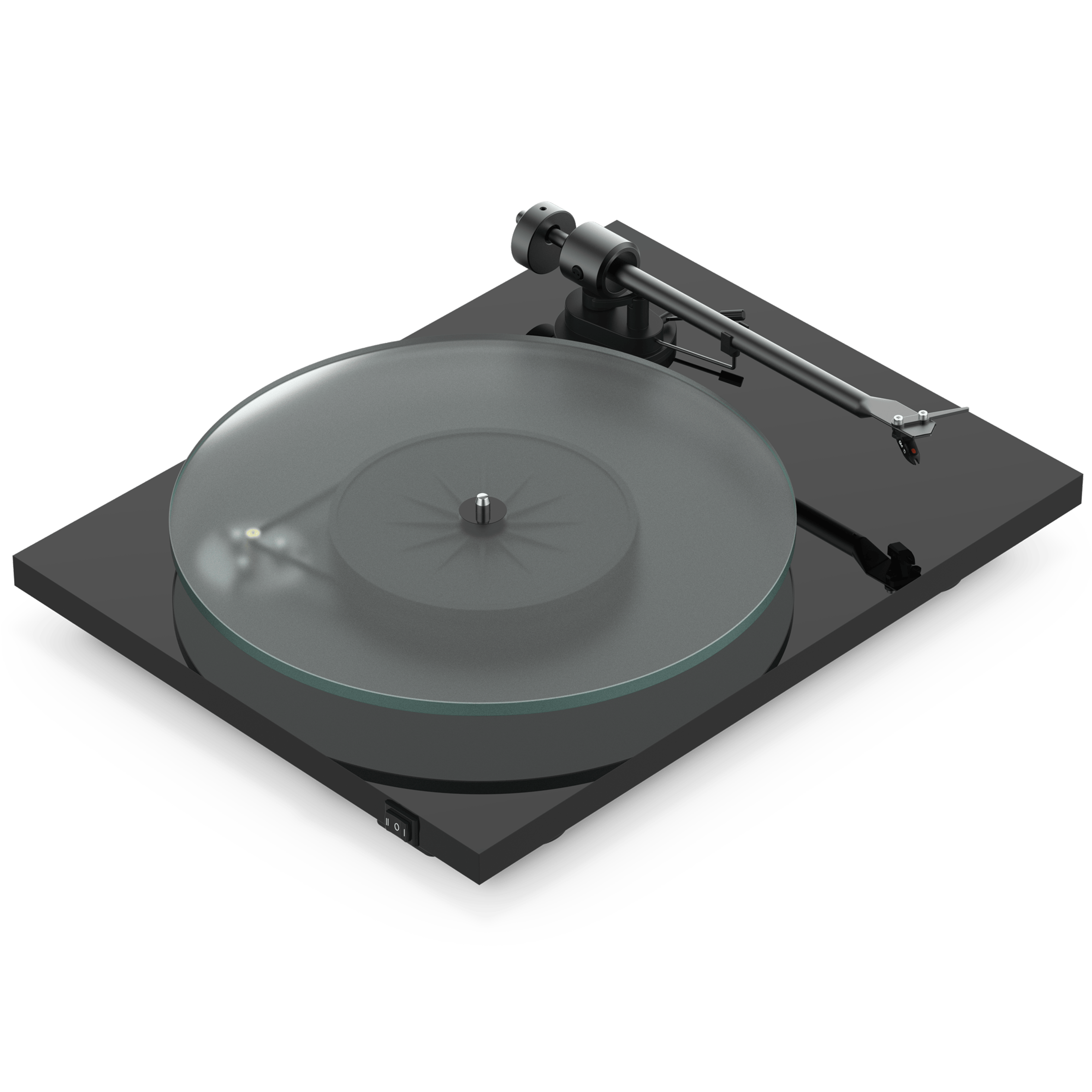 Vue avant de biais d'une platine vinyle Pro-Ject T1 Evo Phono noire sans son capot anti-poussière