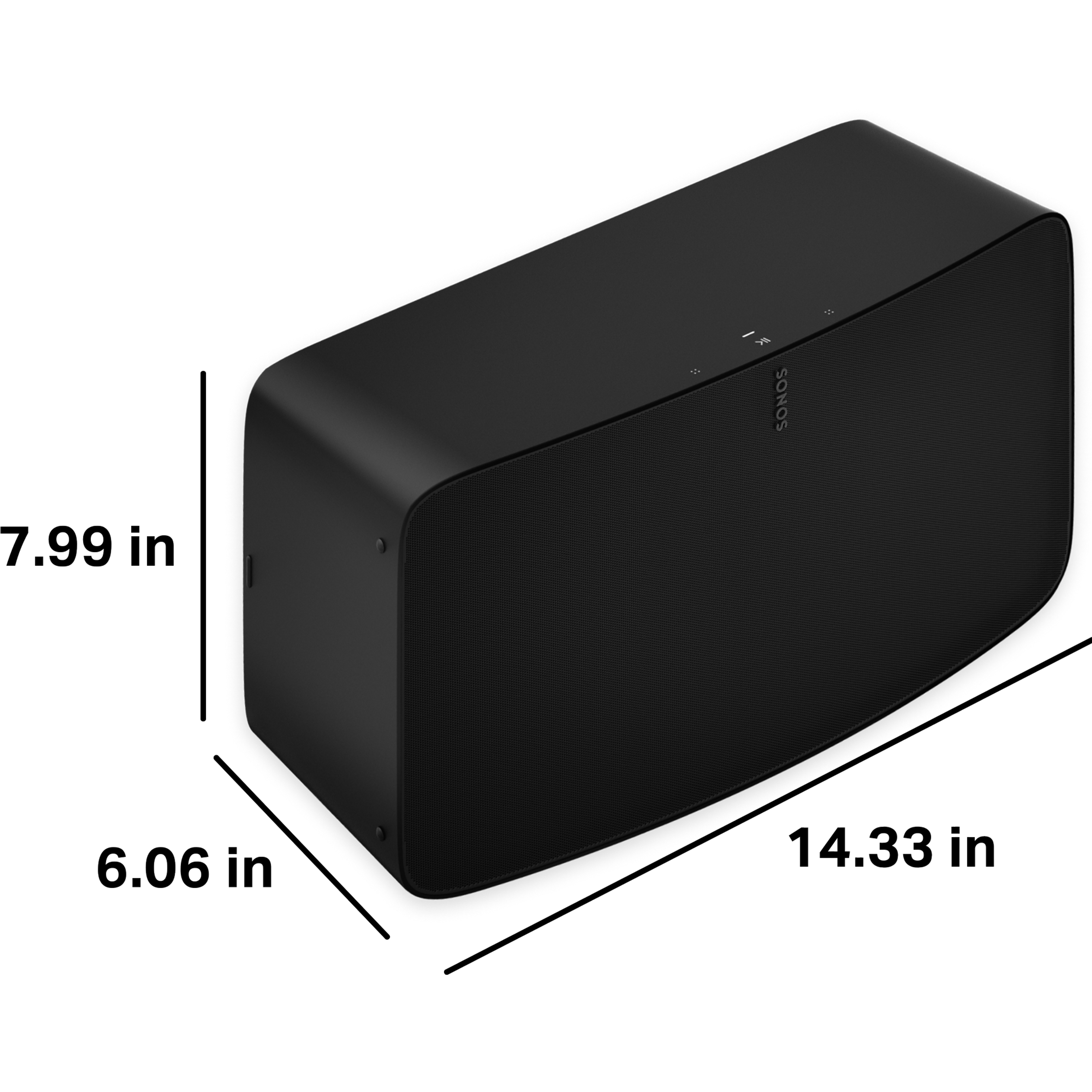 Sonos Five is 7.99 inches (20.29 cm) tall, 6.06 inches (15.39 cm) deep, and 14.33 inches (36.40 cm) wide