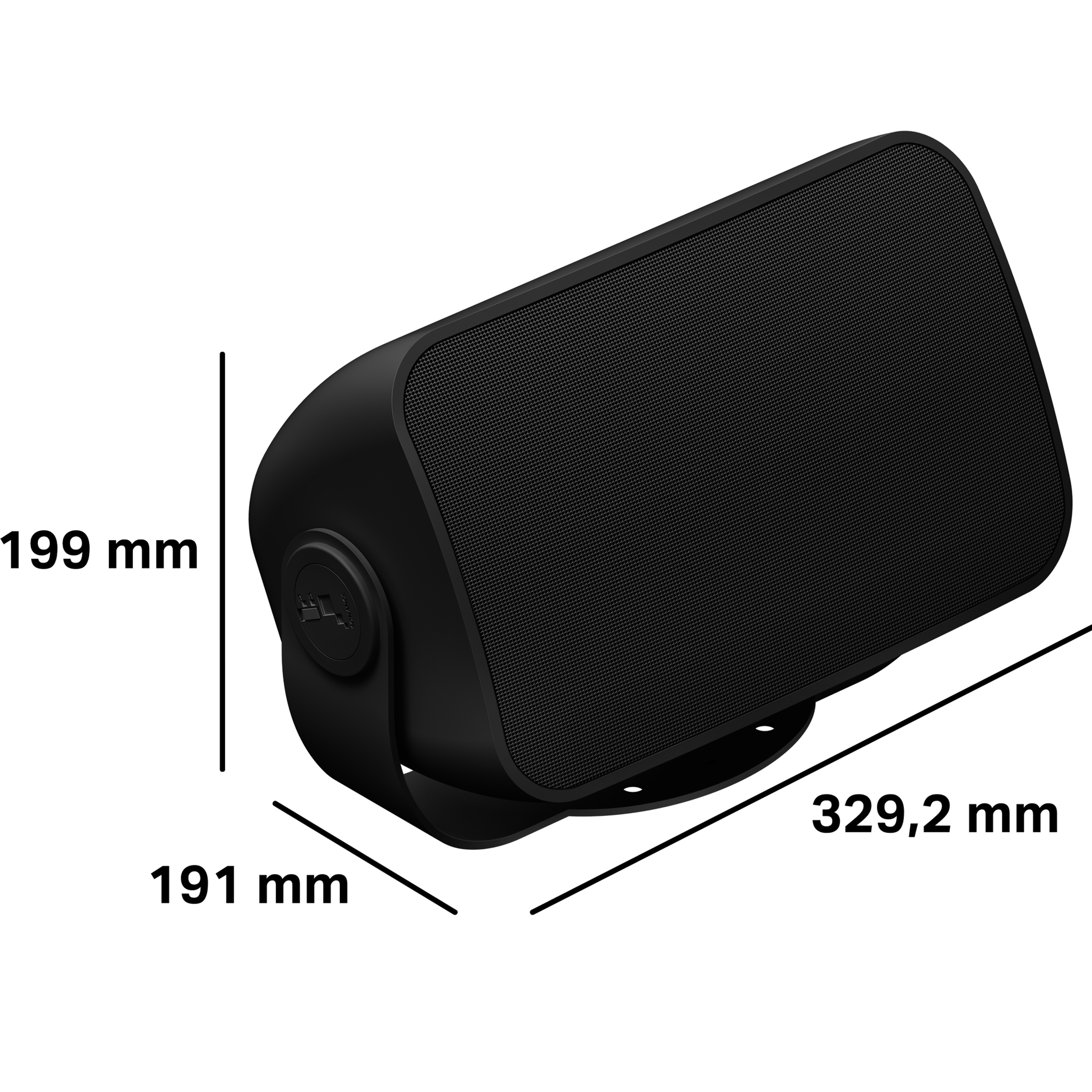 Diese Outdoor Speaker sind 199 mm hoch, 191 mm tief und 329,2 mm breit