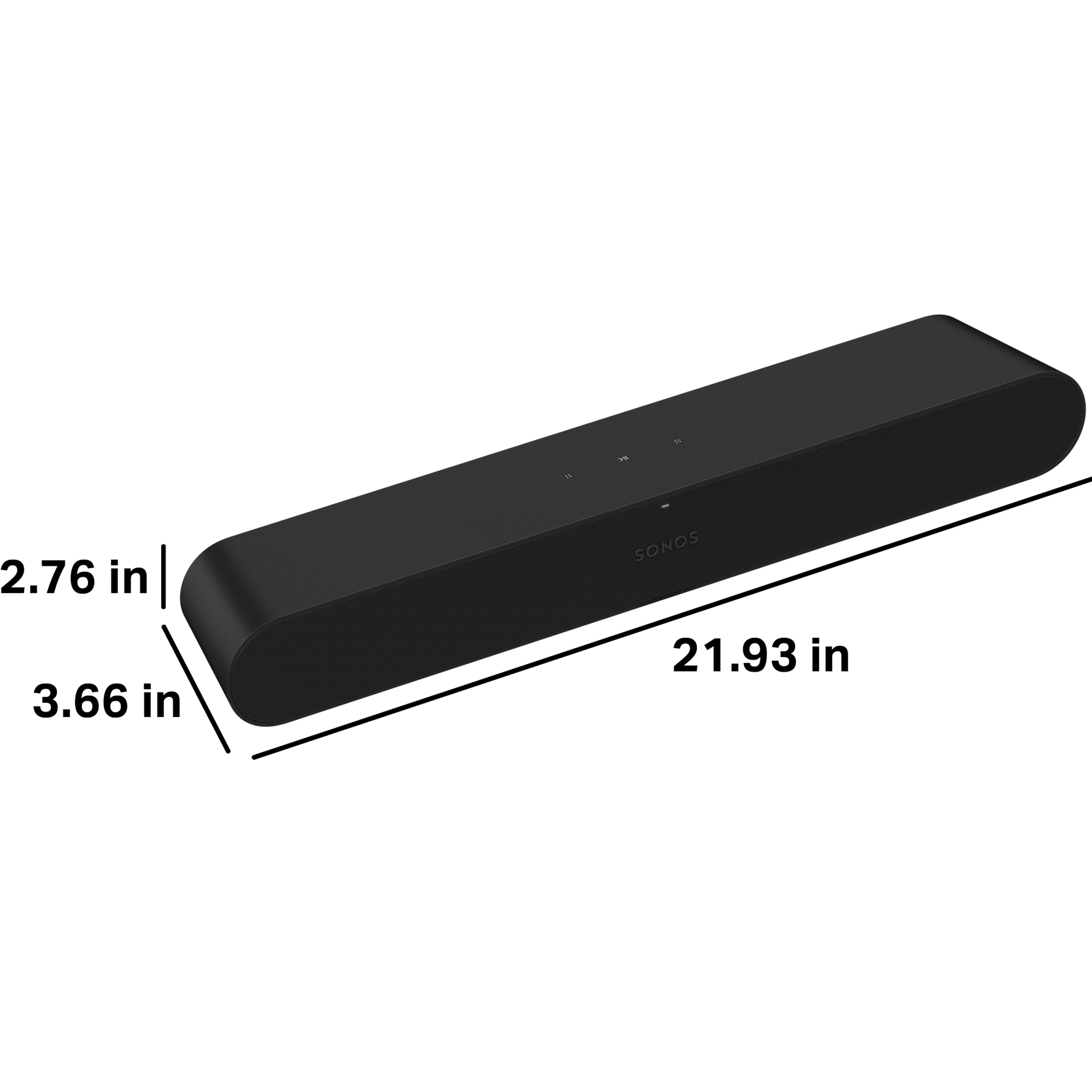 Sonos Ray is 2.76 inches (70.1 mm) tall, 3.66 inches (93 mm) deep, and 21.93 inches (557 mm) wide