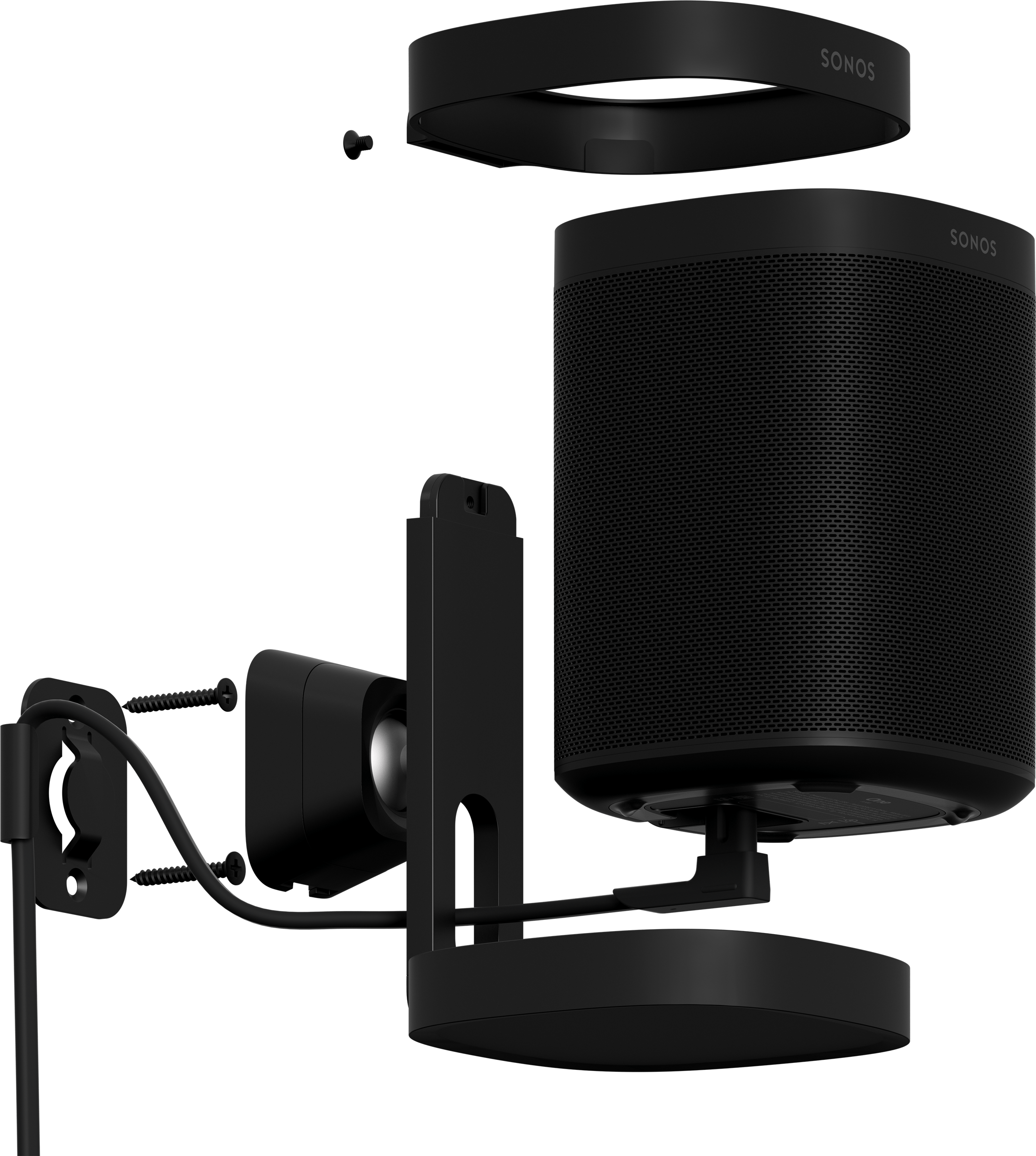 Vue éclatée du Sonos One noir fixé au mur