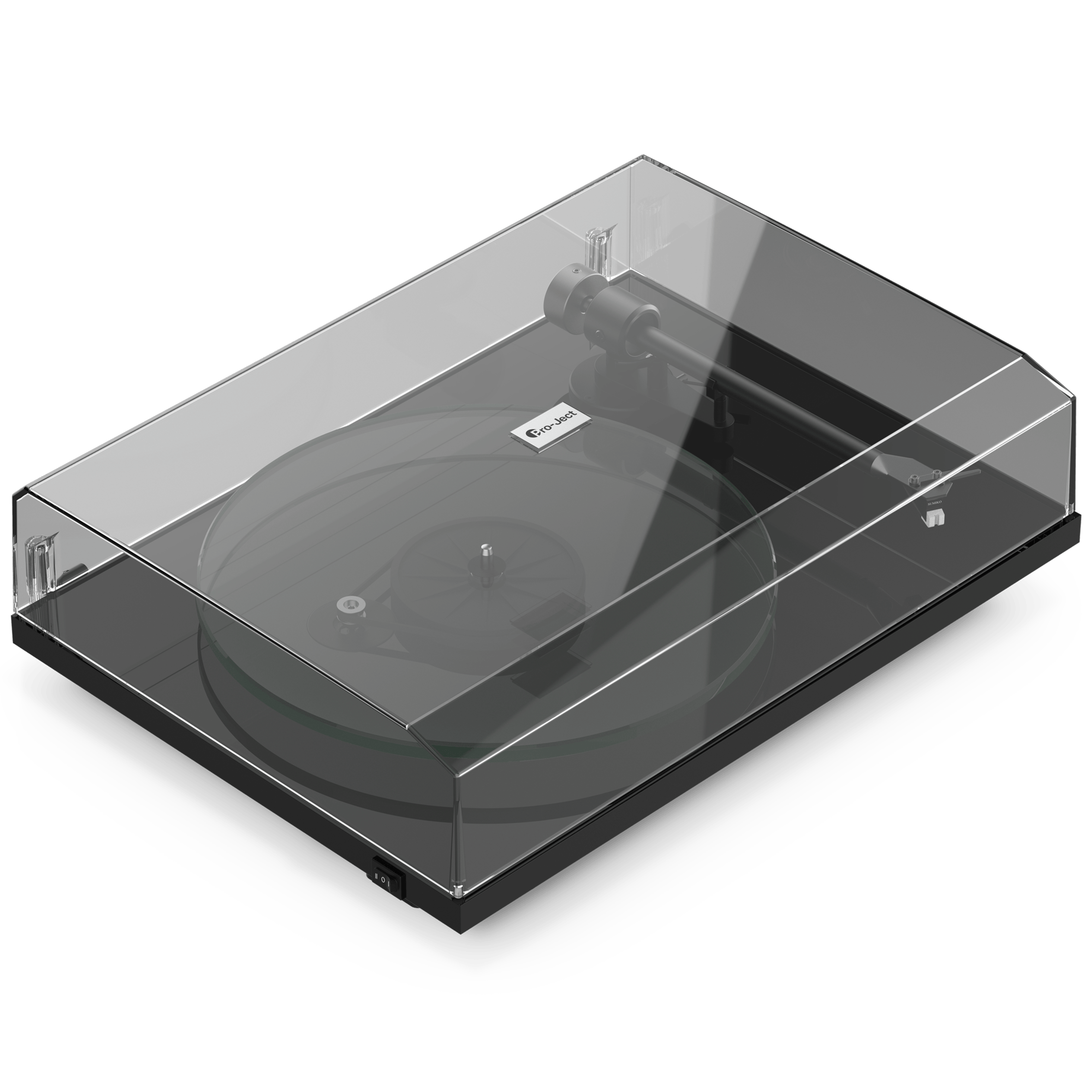Vue de devant d’un tourne-disque Pro-Ject T2 Super Phono noir avec couvercle antipoussière 