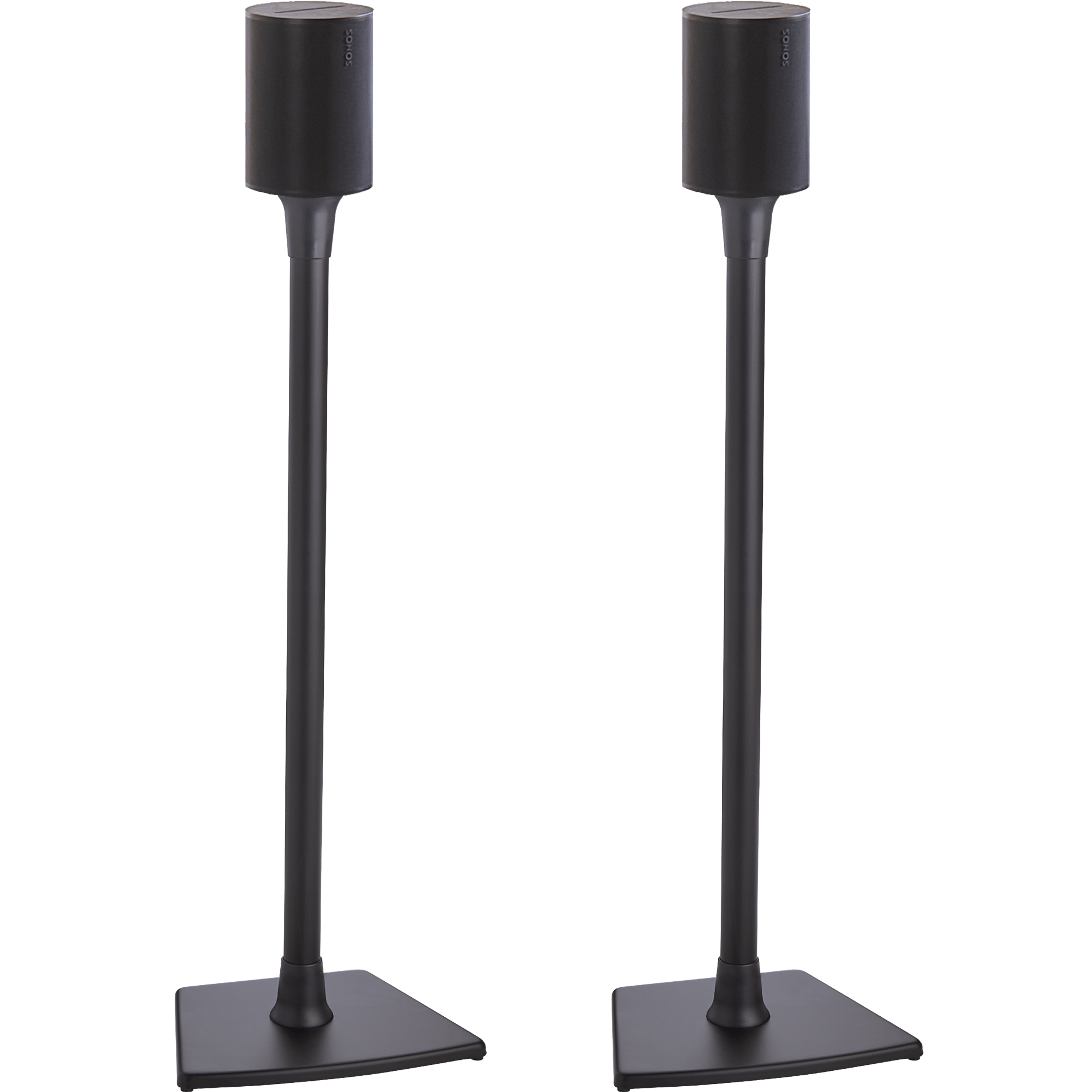 Immagine di una coppia di supporti a pavimento Sanus neri su cui sono montati due speaker Sonos Era 100 neri