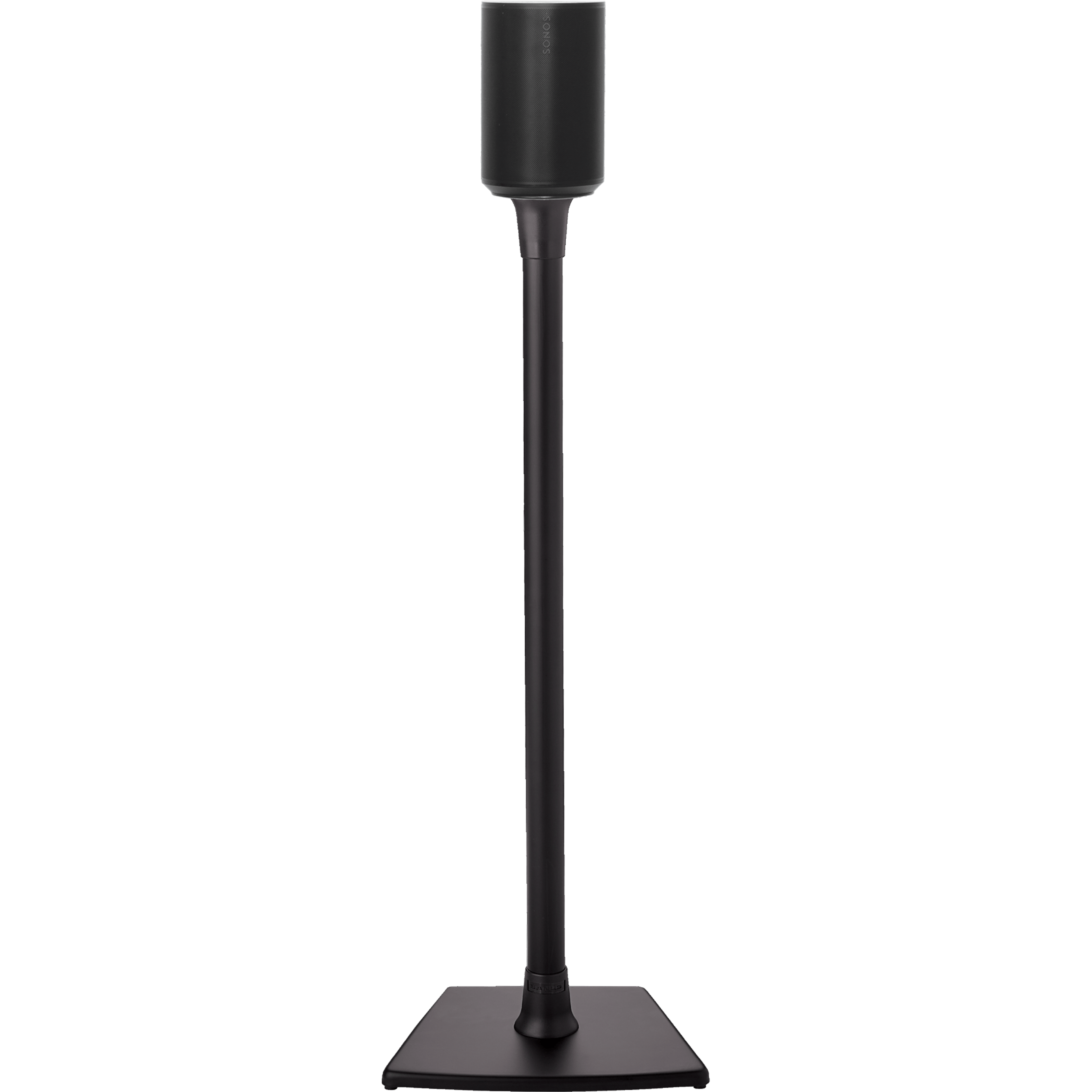 Immagine della parte anteriore di un supporto a pavimento Sanus nero su cui è montato uno speaker Sonos Era 100 nero