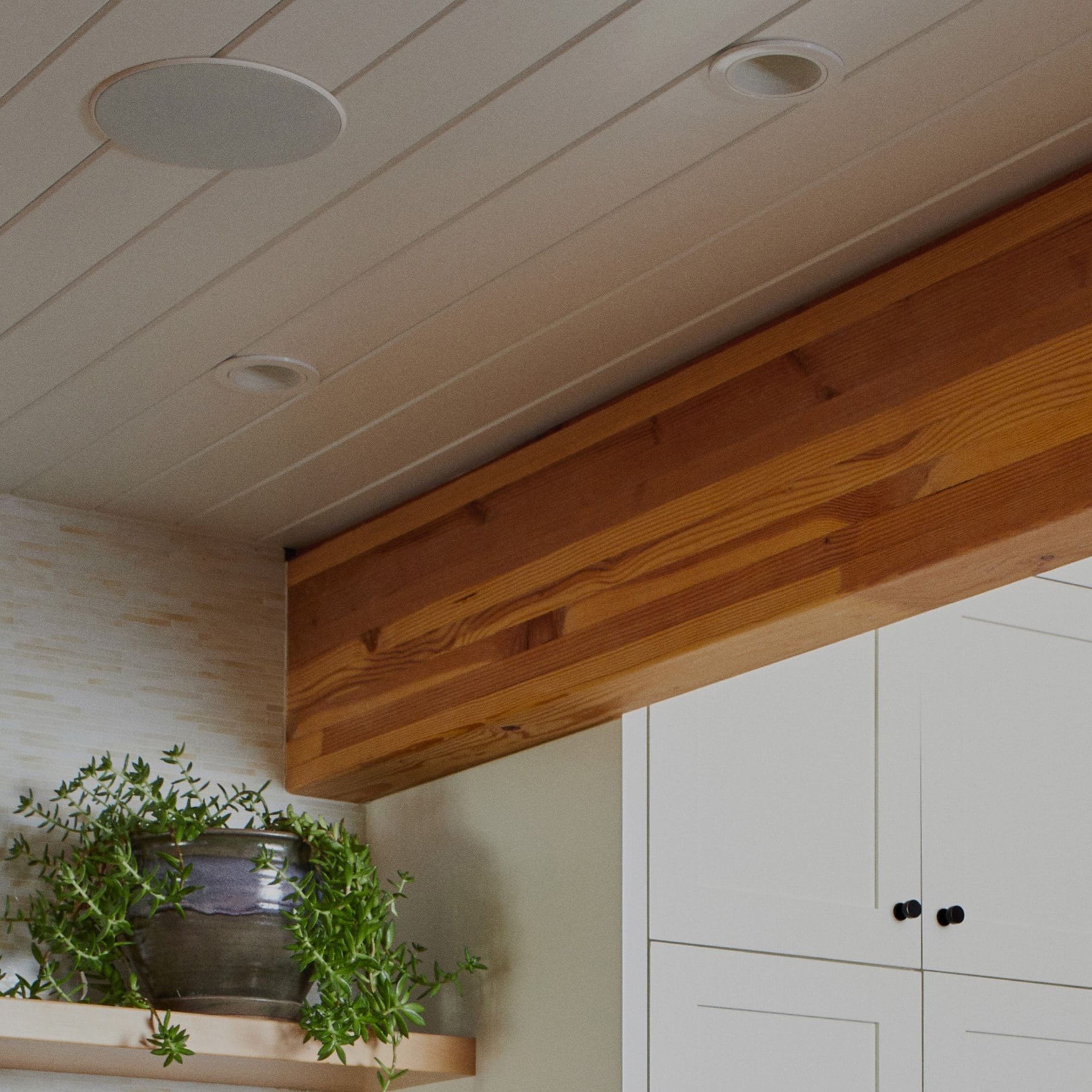 Primer plano de un altavoz In-Ceiling de Sonos y Sonance instalado en el techo, encima de una estantería
