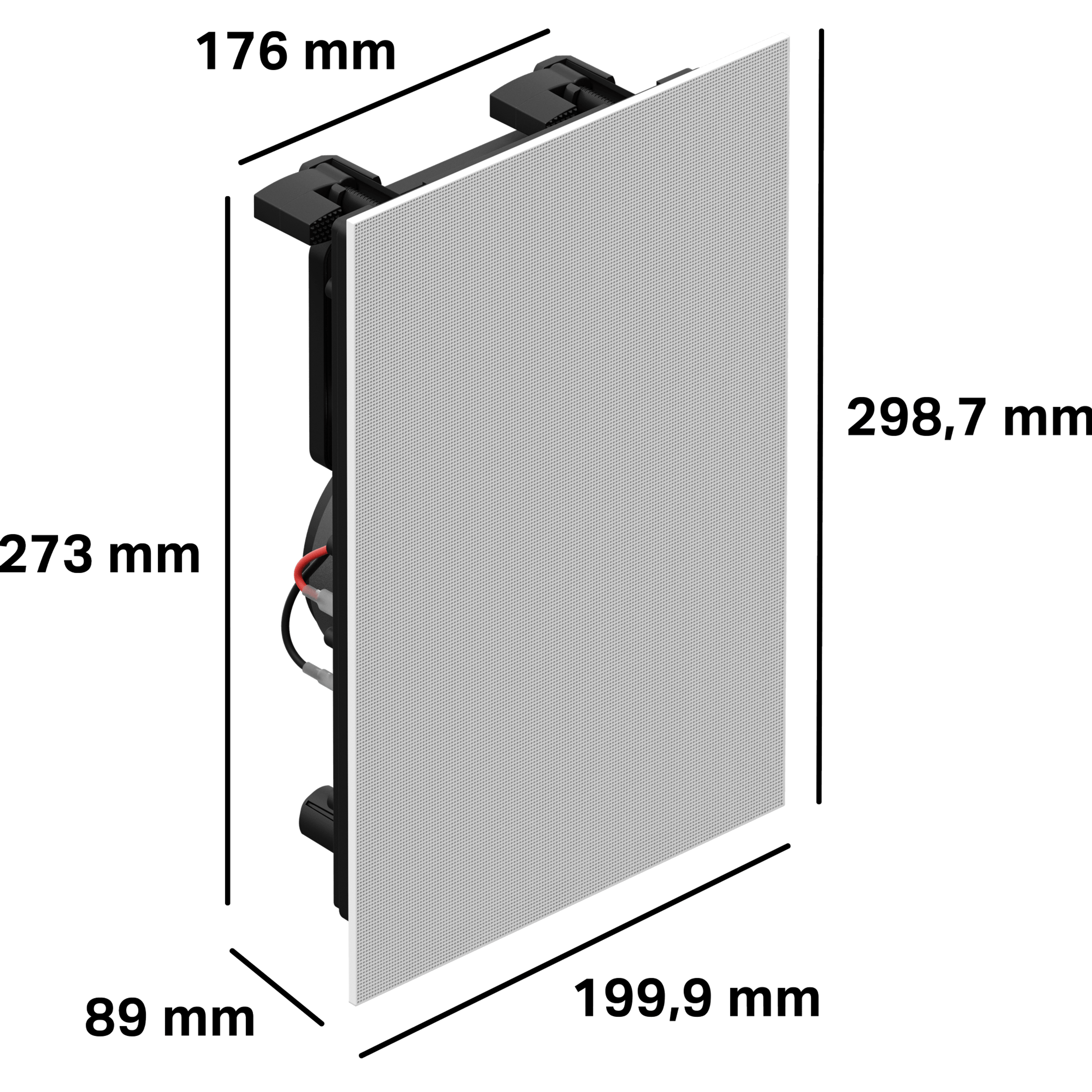 De behuizing voor deze In-Wall-speakers is 273 mm hoog, 176 mm breed en 89 mm diep. De grille is 199,9 mm breed en 298,7 mm hoog.