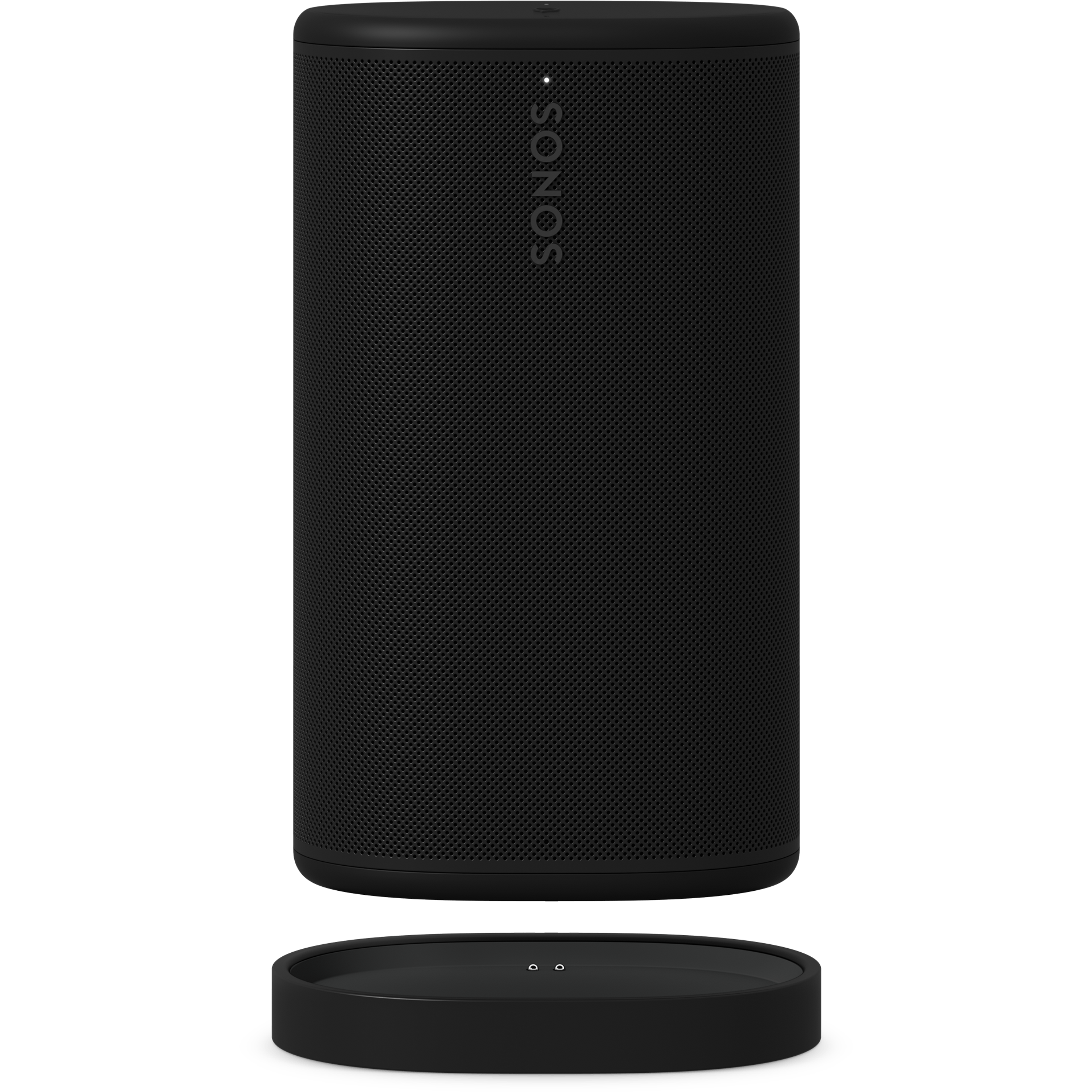 Profil avant d’unSonos Play noir, au-dessus du socle de charge