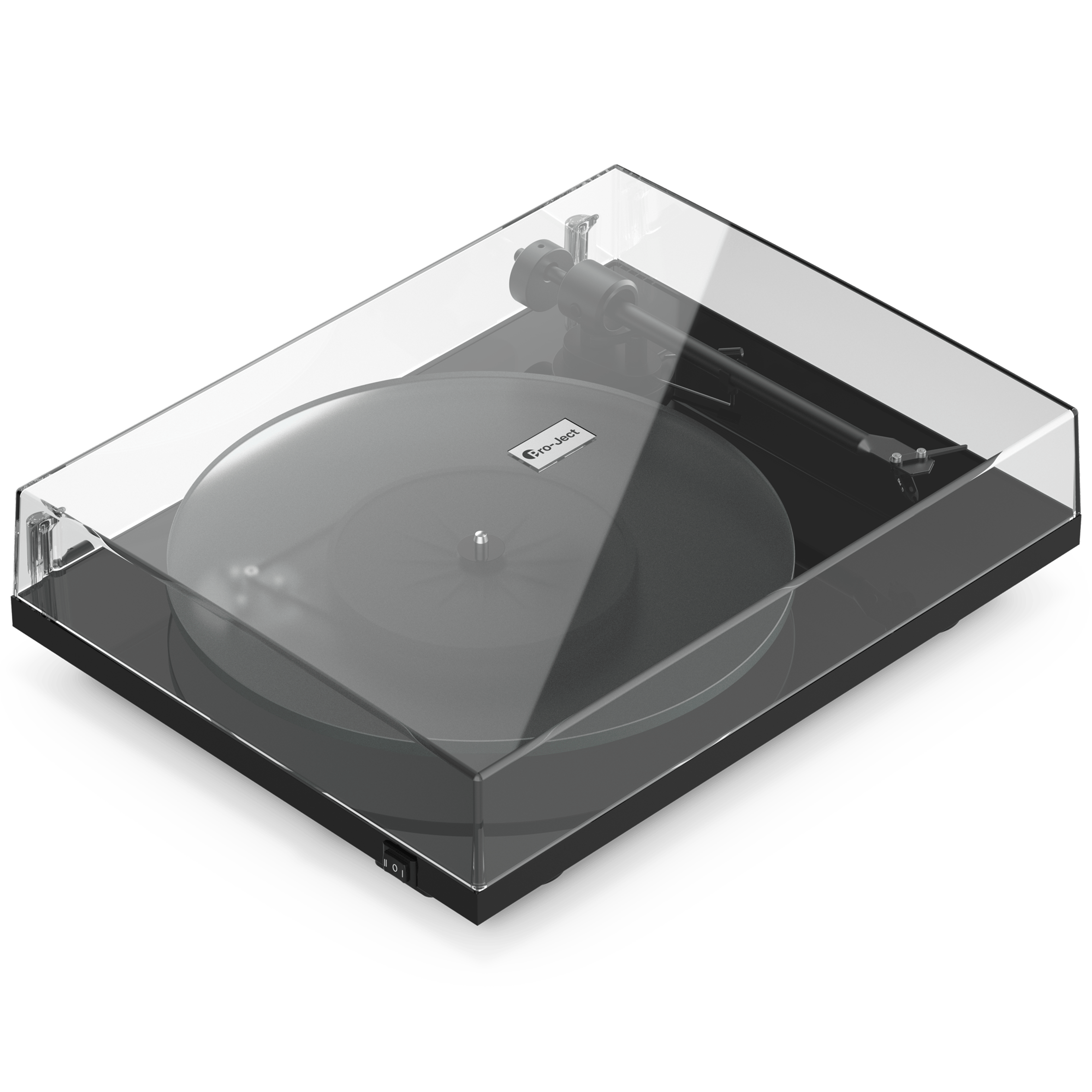 Vue avant de biais d'une platine vinyle Pro-Ject T1 Evo Phono noire avec capot anti-poussière
