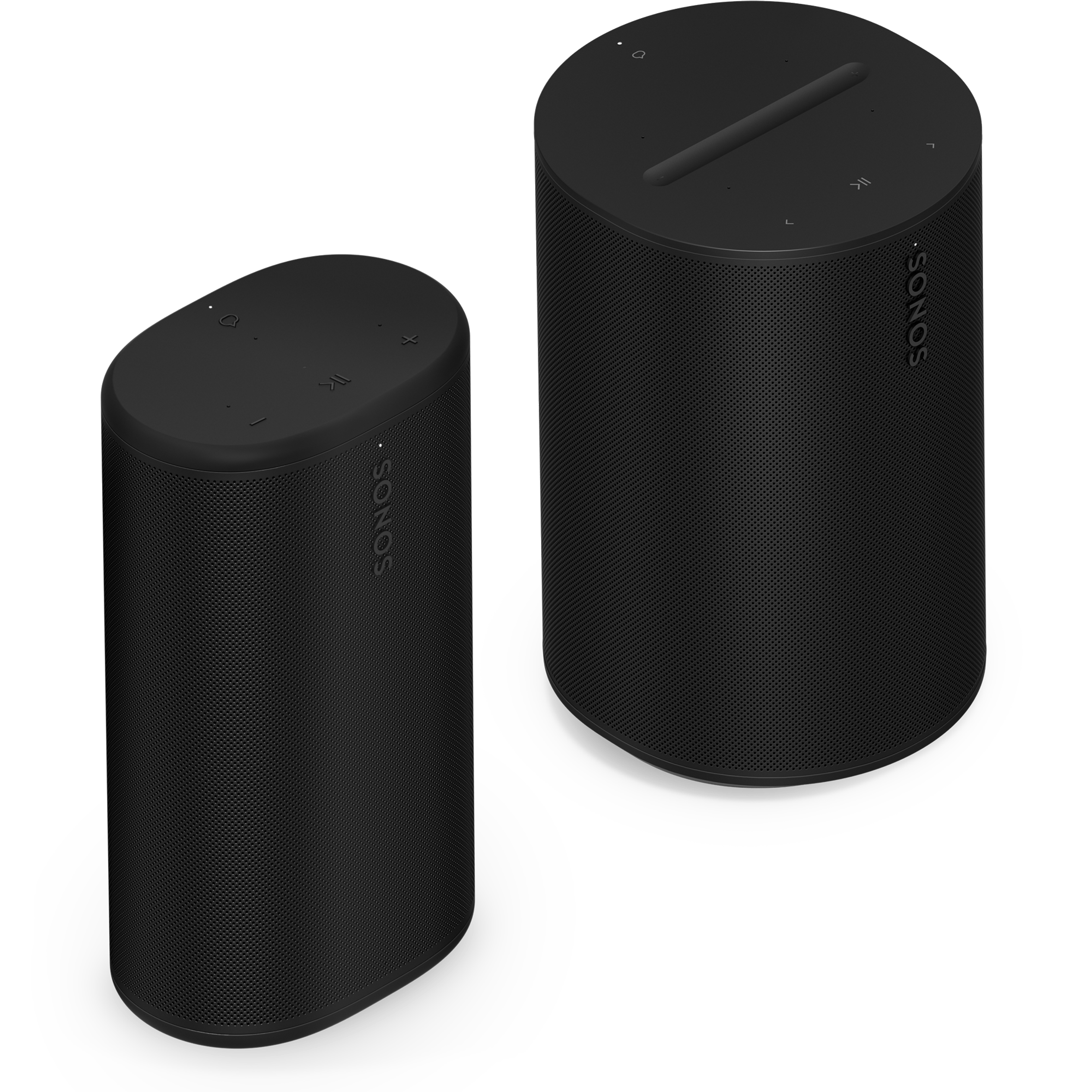 Musta Sonos Play- ja Era 100 -kaiutinparisetti viistosti kuvattuna