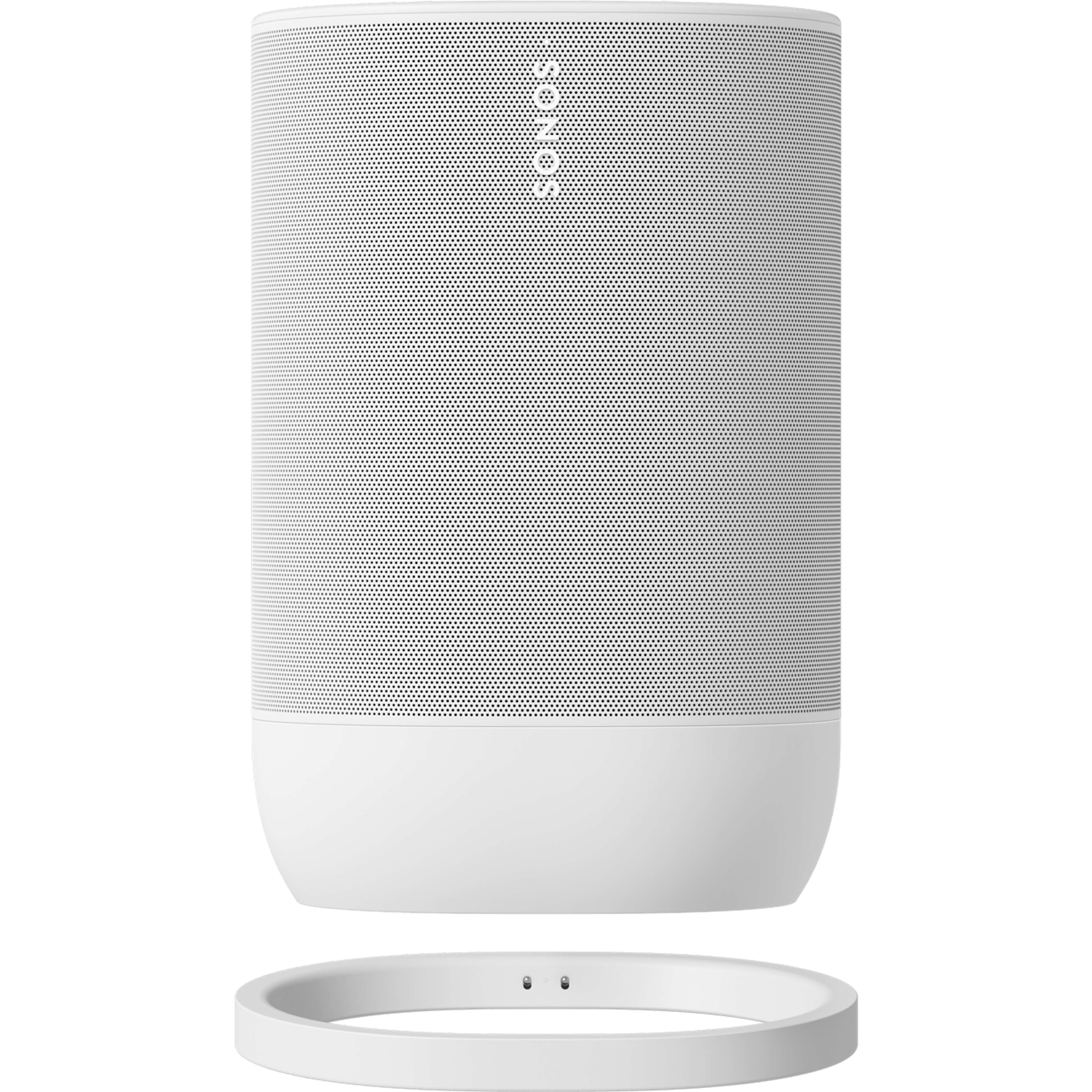 Vorderansicht eines Sonos Move 2 in Weiß mit der farblich abgestimmten Ladestation