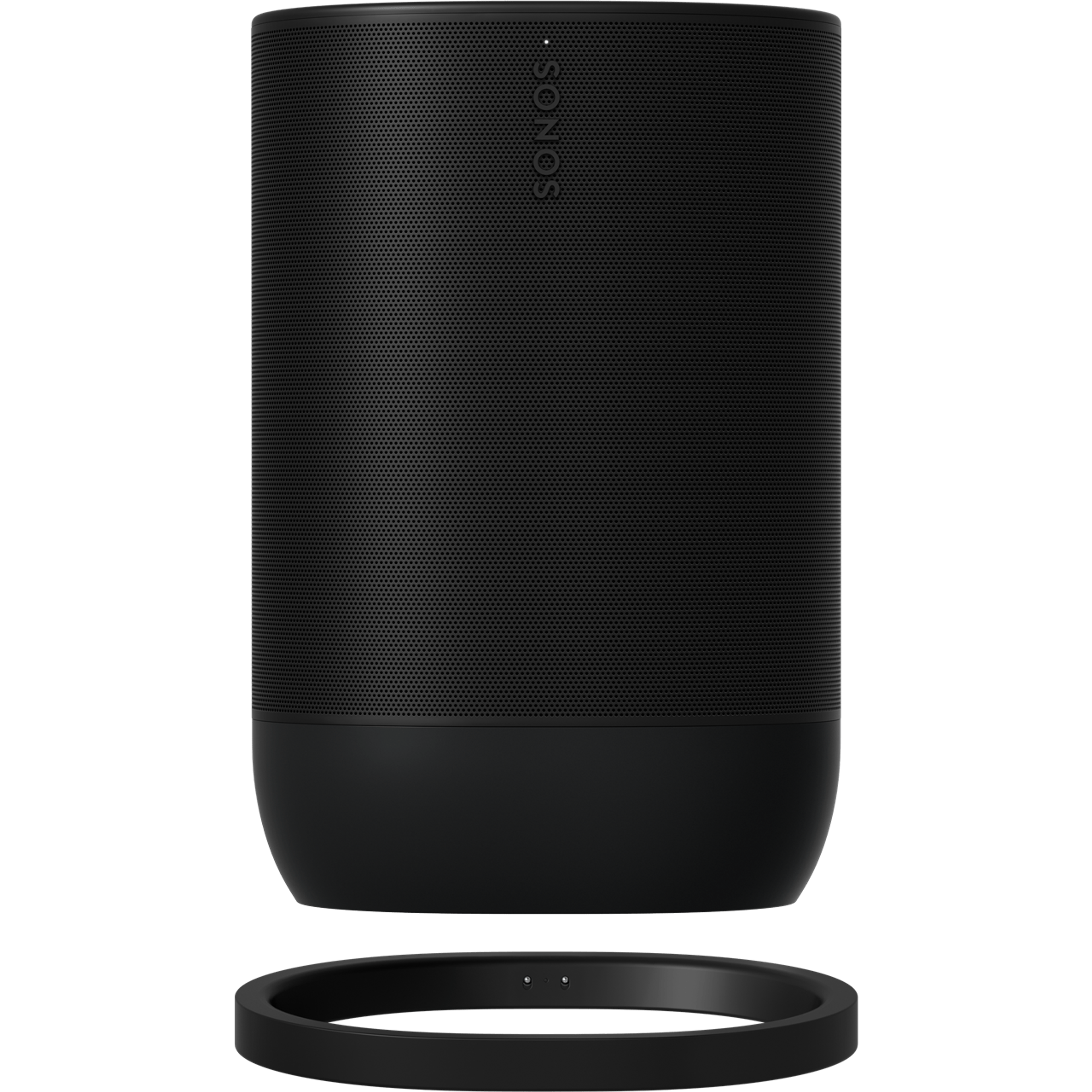 Sonos Move 2 w kolorze czarnym unosi się nad dopasowaną podstawą ładującą
