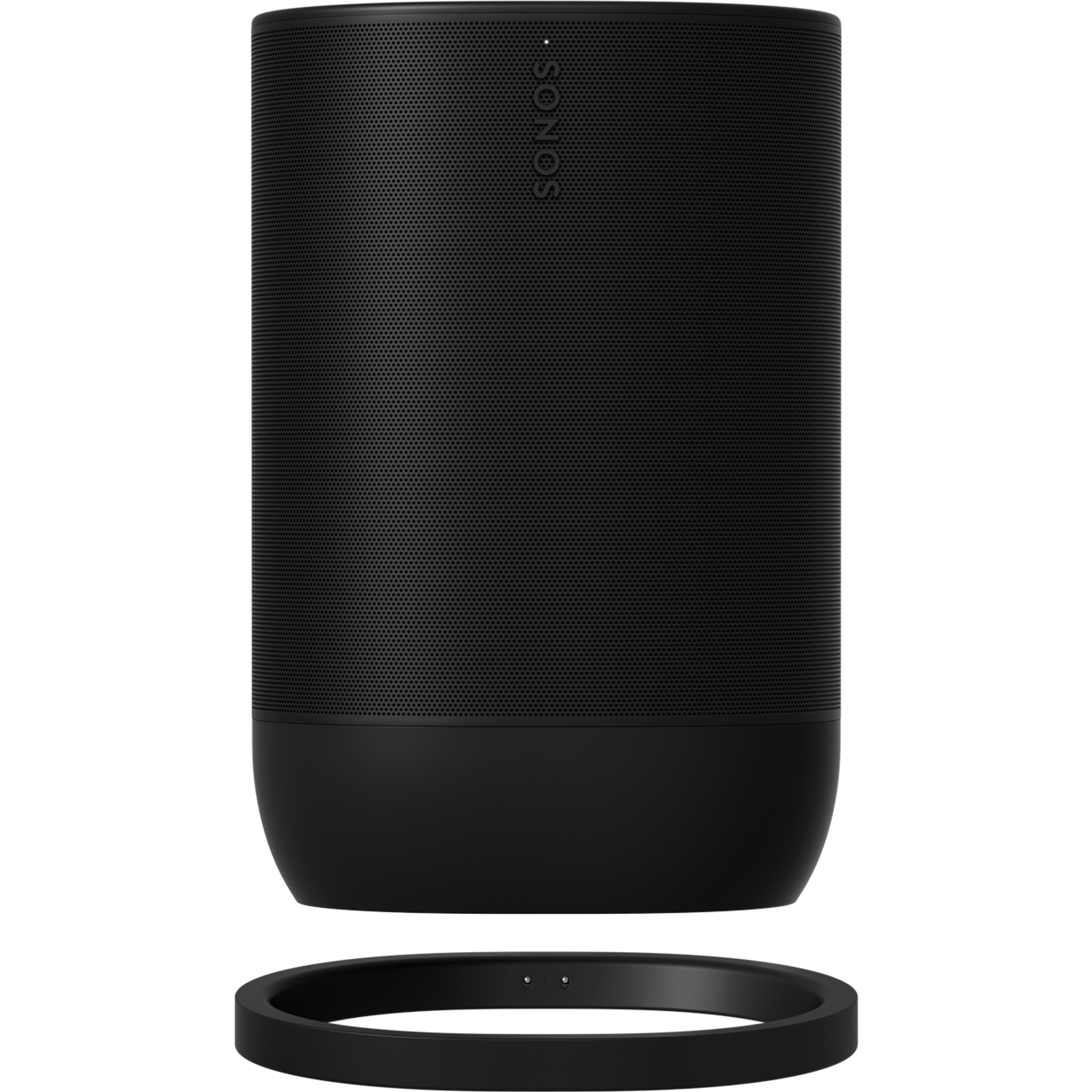 Sonos Move 2 w kolorze czarnym unosi się nad dopasowaną podstawą ładującą