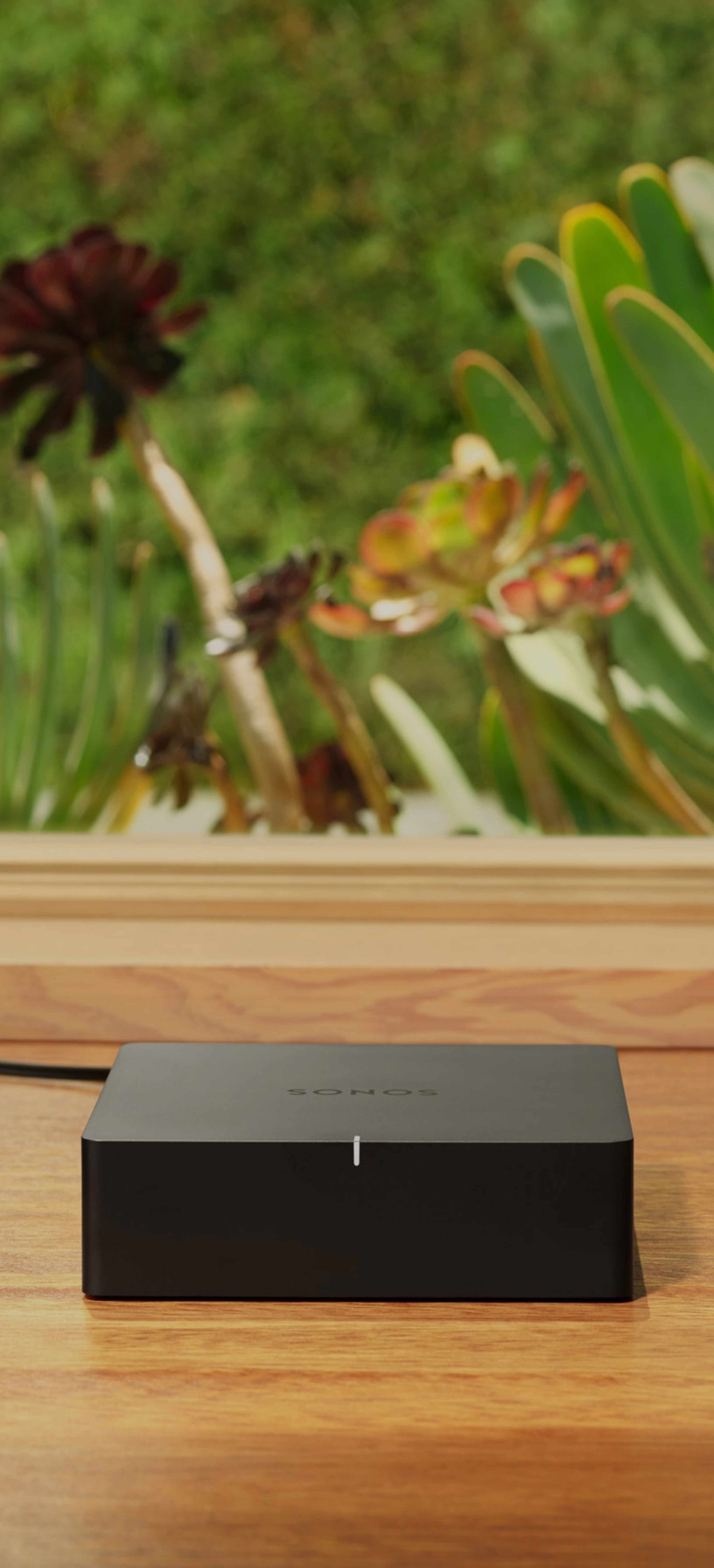Sonos Port sobre un escritorio junto a un receptor estéreo