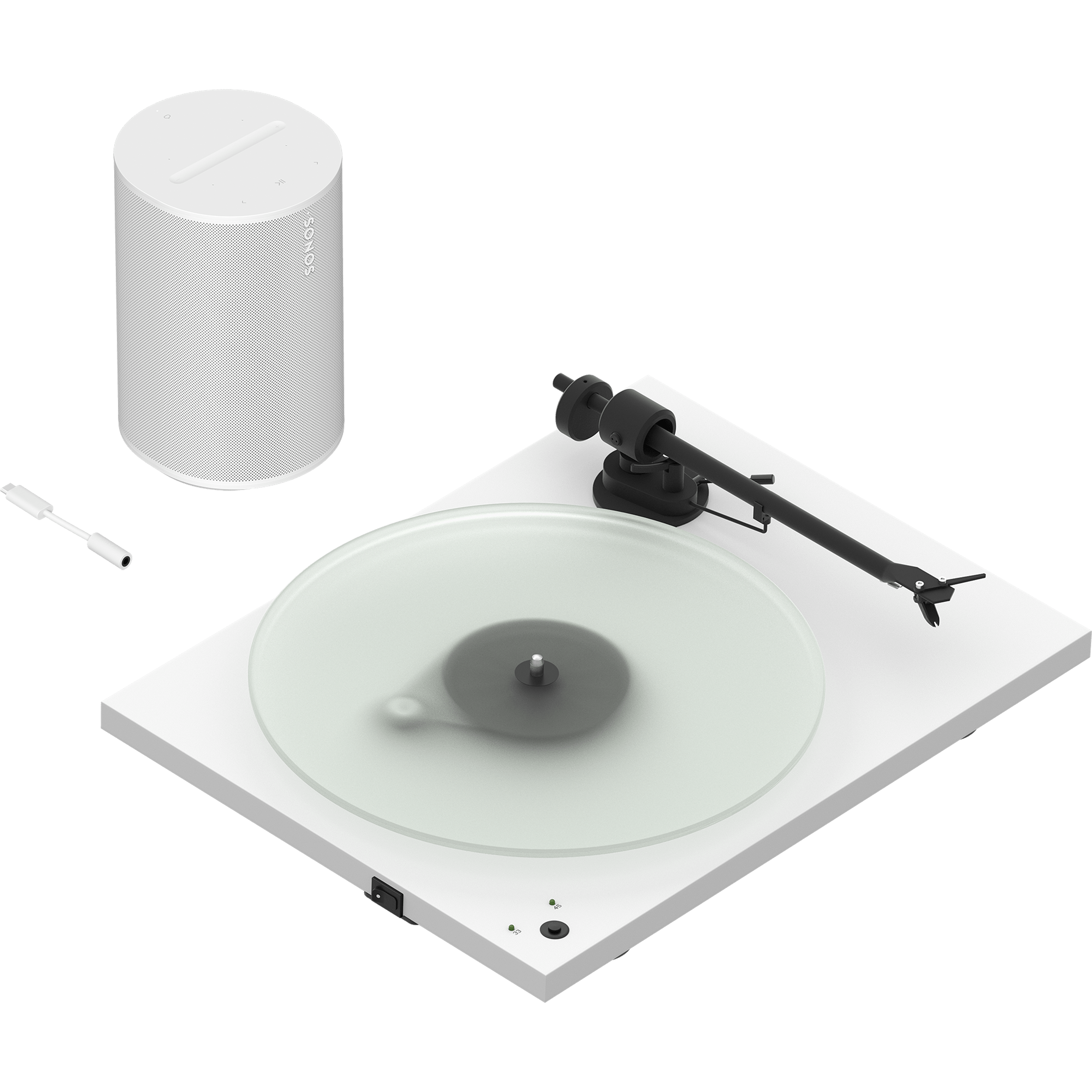 Sonos Era 100, adaptateur d’entrée source locale et platine vinyle Pro-Ject T1 en blanc