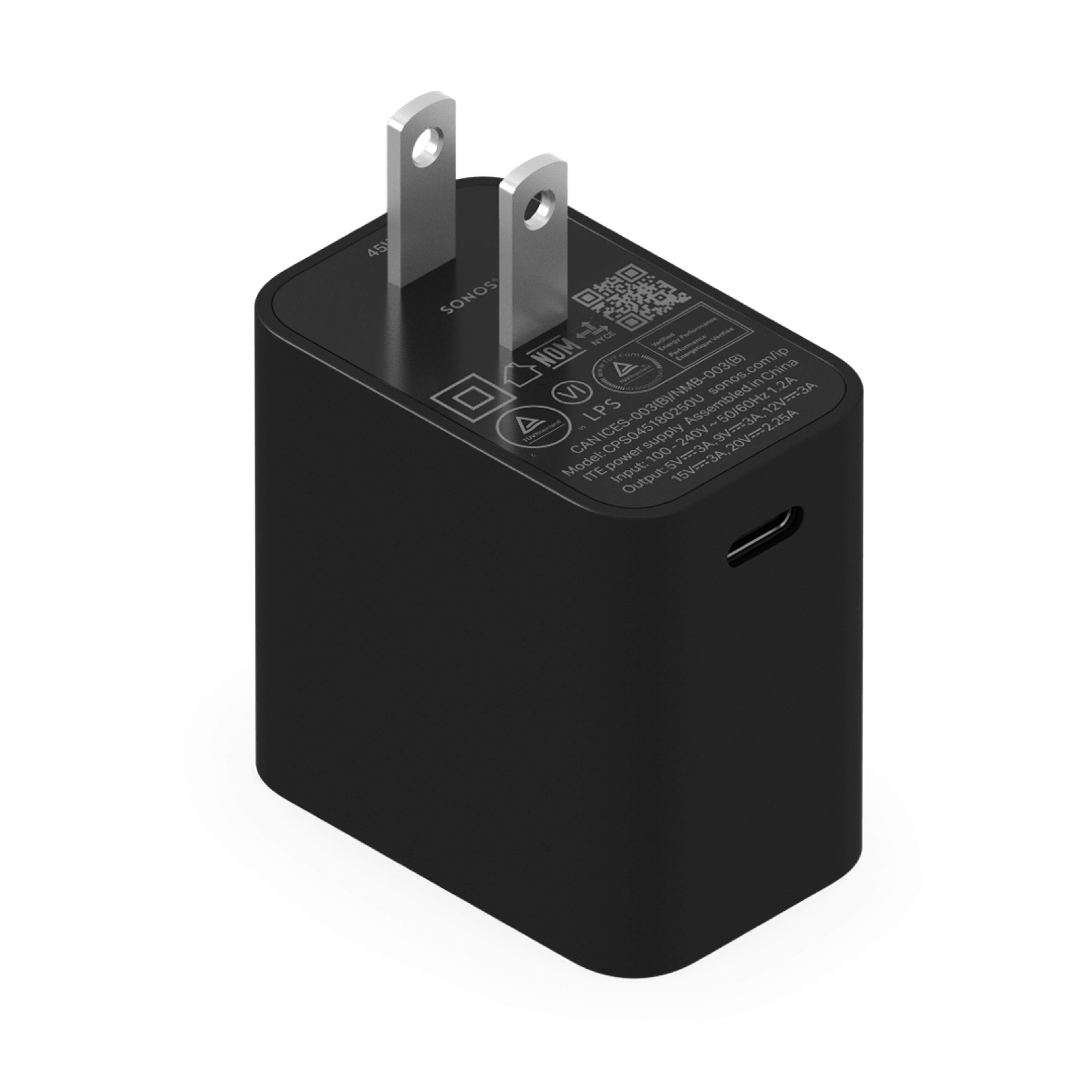 Adaptateur d’alimentation USB-C 45 W noir avec prise nord-américaine Sonos