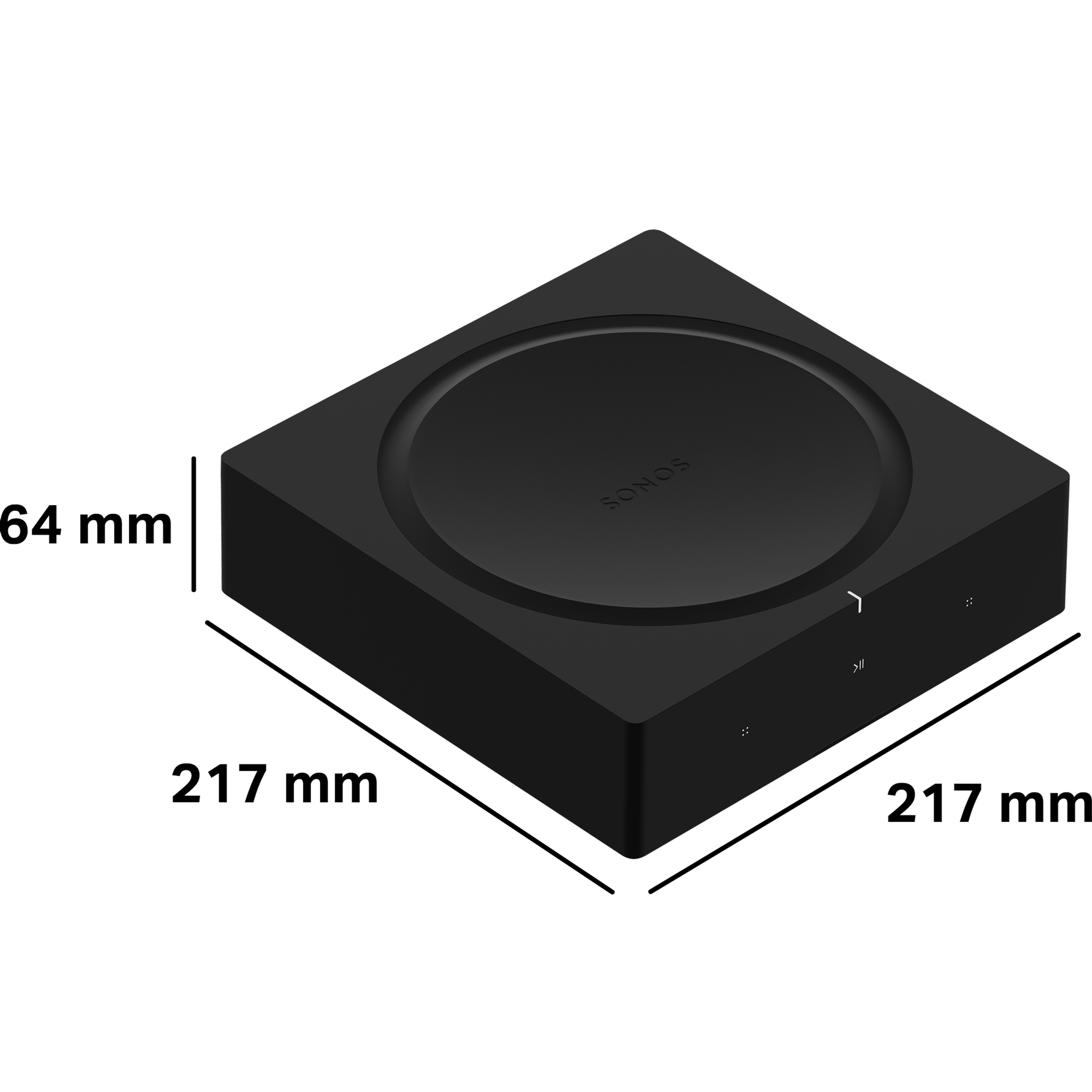 Sonos Amp är 64 mm hög, 217 mm djup och 217 mm bred