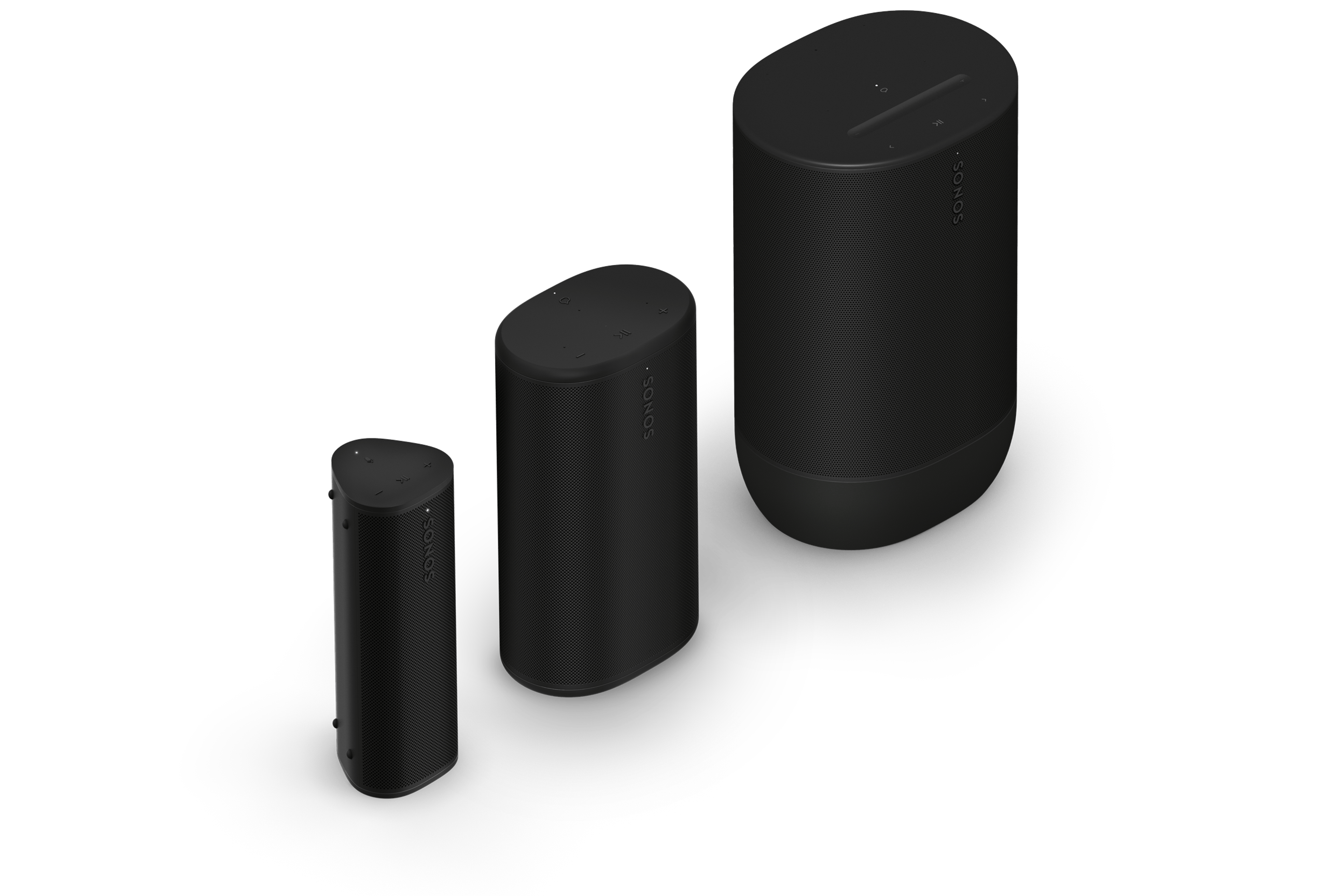 Sonos Roam 2, Sonos Play og Sonos Move 2 i sort