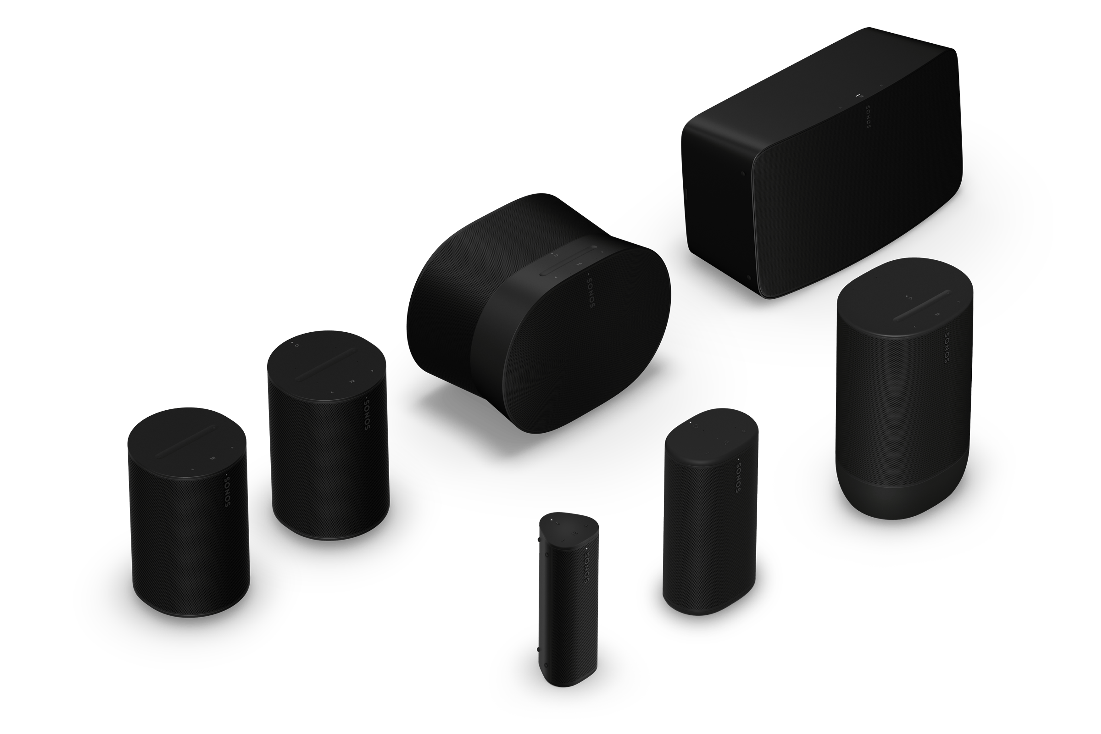 Sonos product lineup in black: Era 100, Era 100 SL, Era 300, Five, Roam 2, Play, Move 2