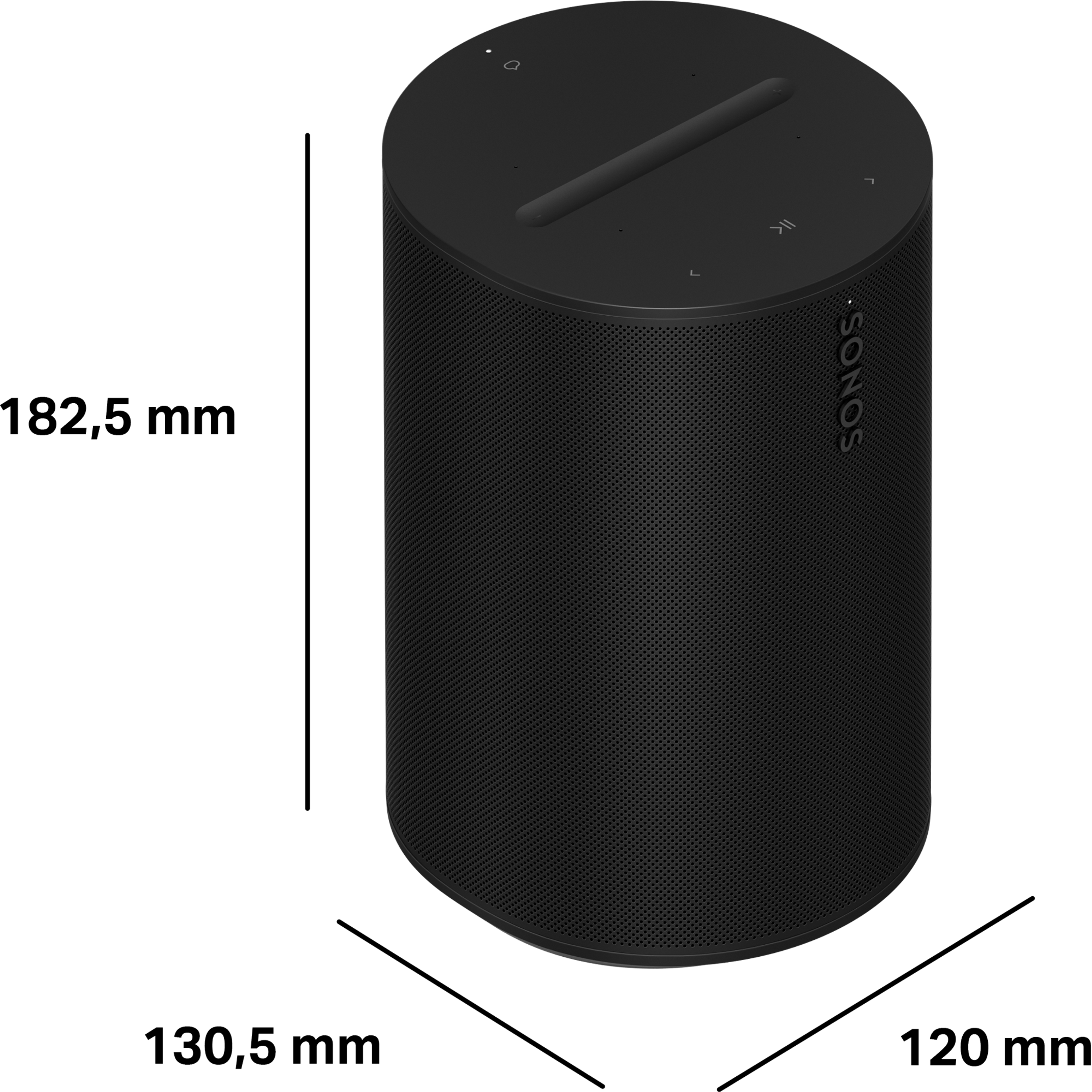 Dimensions du Sonos Era 100: 120 mm x 182,5 mm x 130,5 mm (L x H x P)