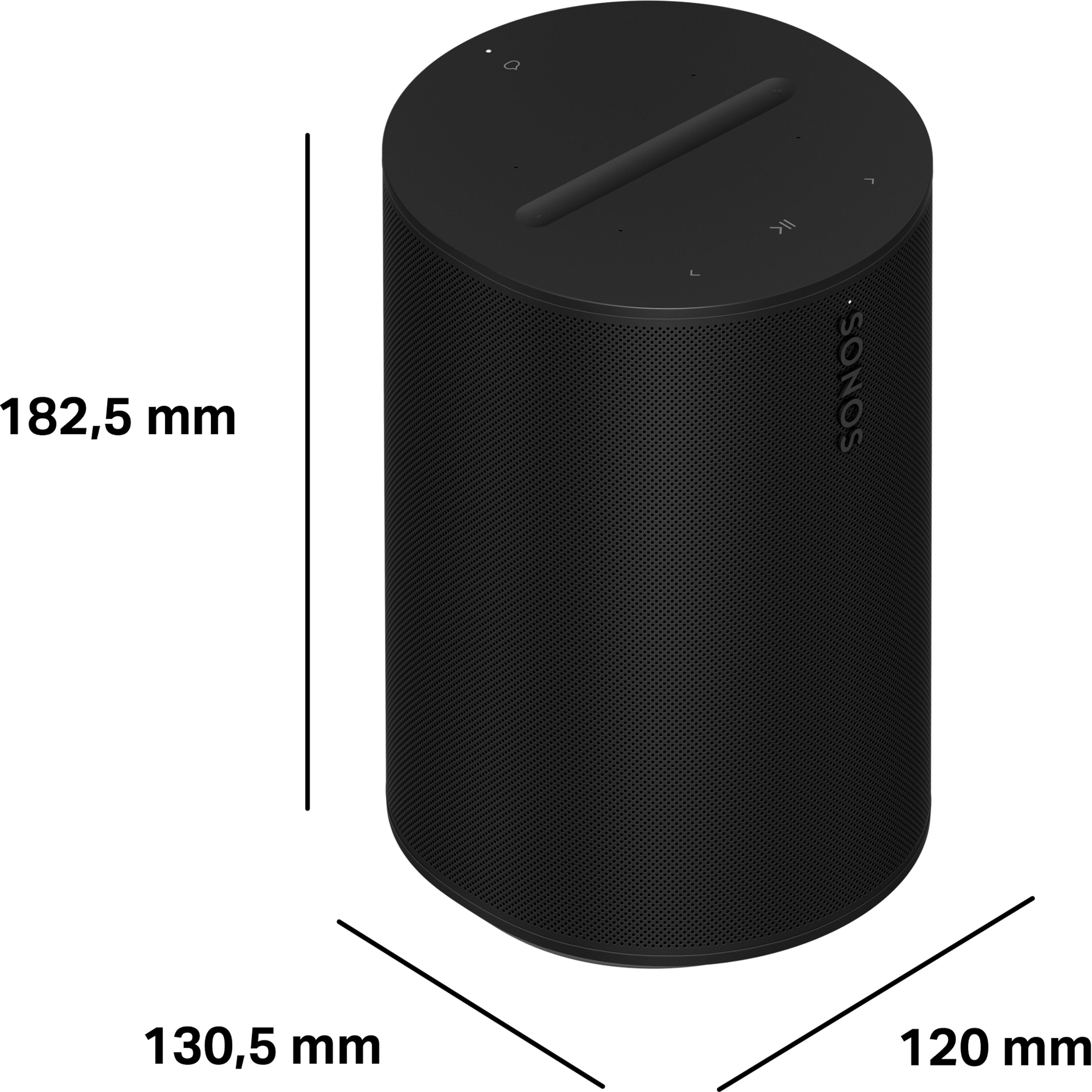 Dimensions du Sonos Era 100: 120 mm x 182,5 mm x 130,5 mm (L x H x P)