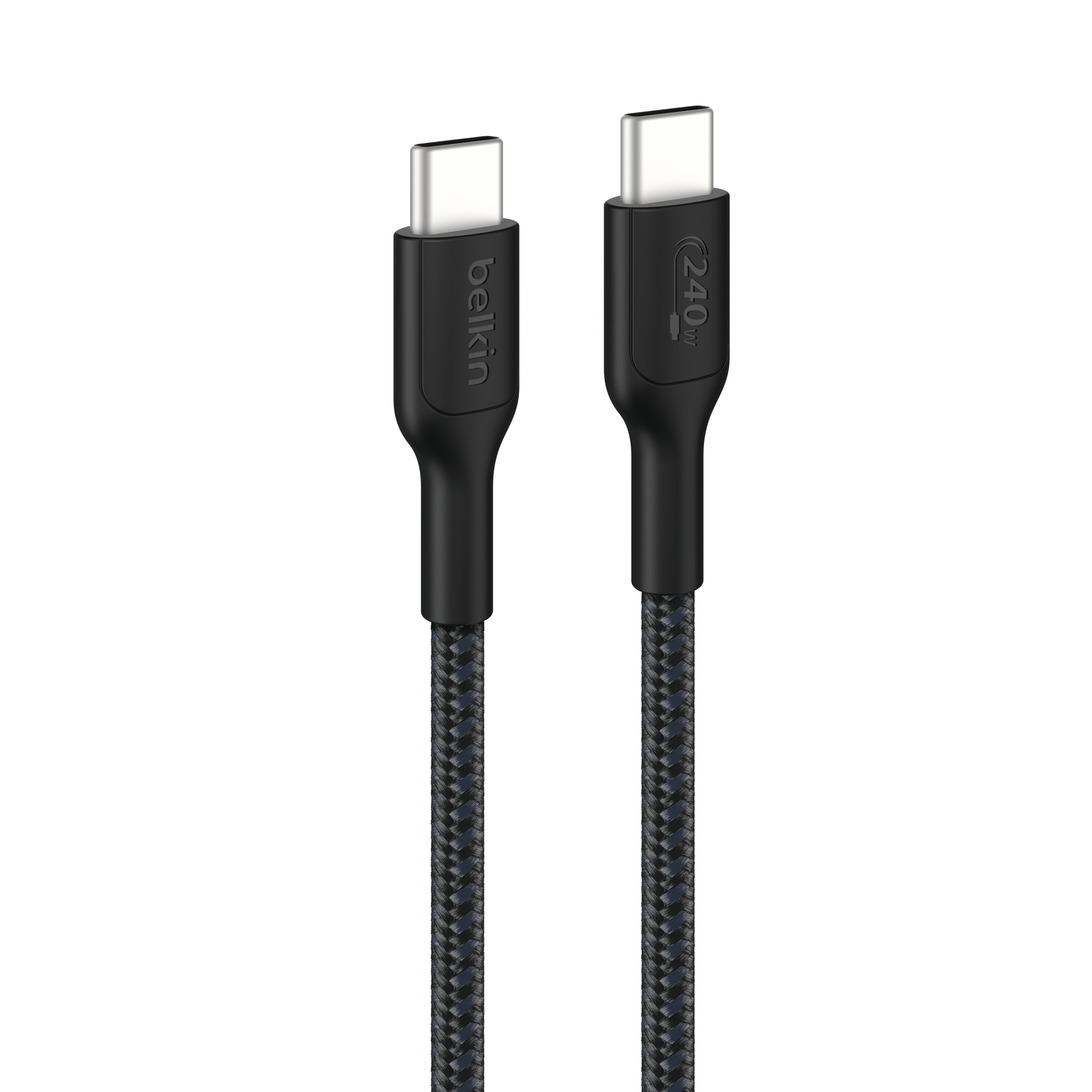 Entrambe le estremità di un cavo USB-C nero Belkin con il logo e la potenza di 240W sui connettori