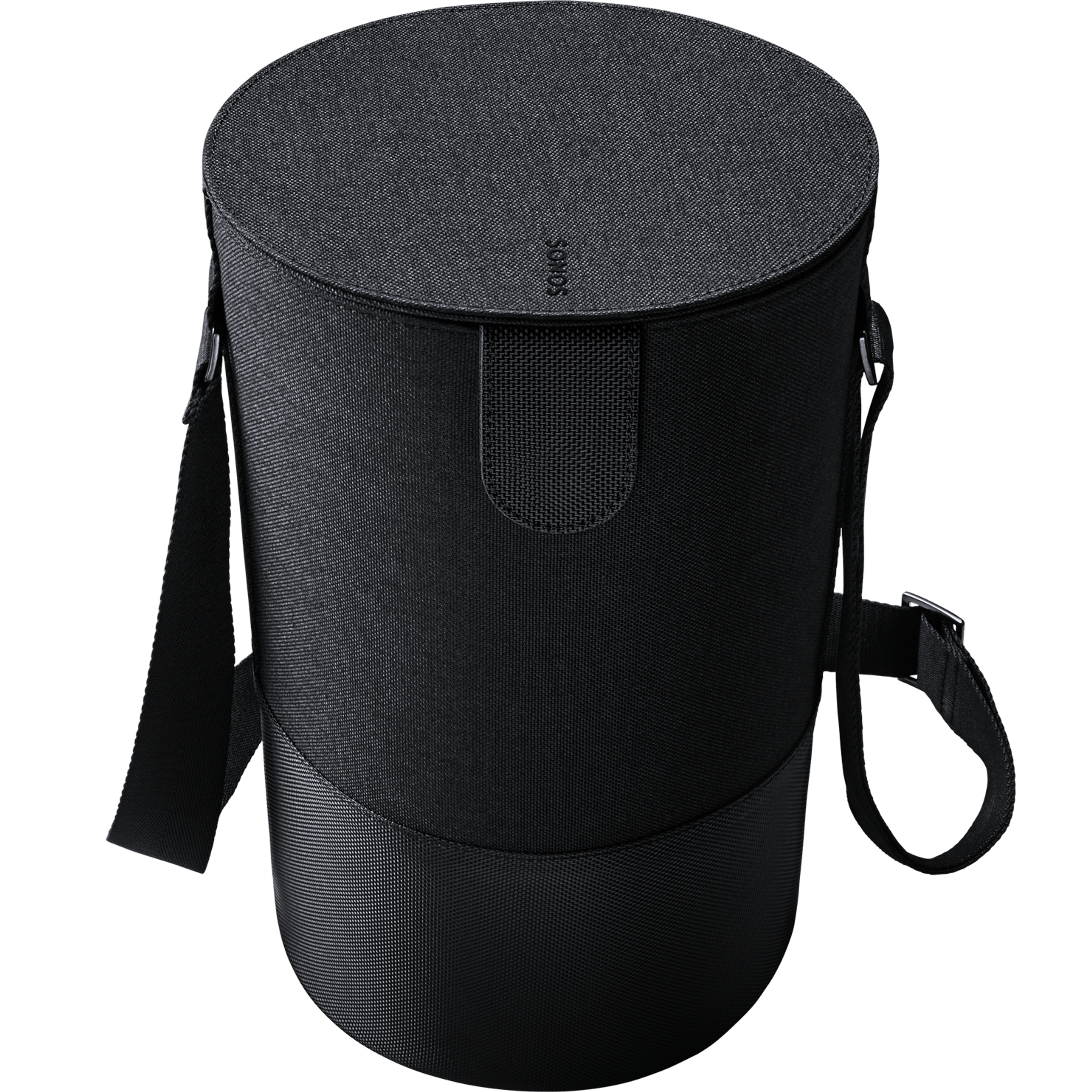 Image de dessus et de face d'une housse de transport pour Sonos Move fermée et inclinée vers l'avant