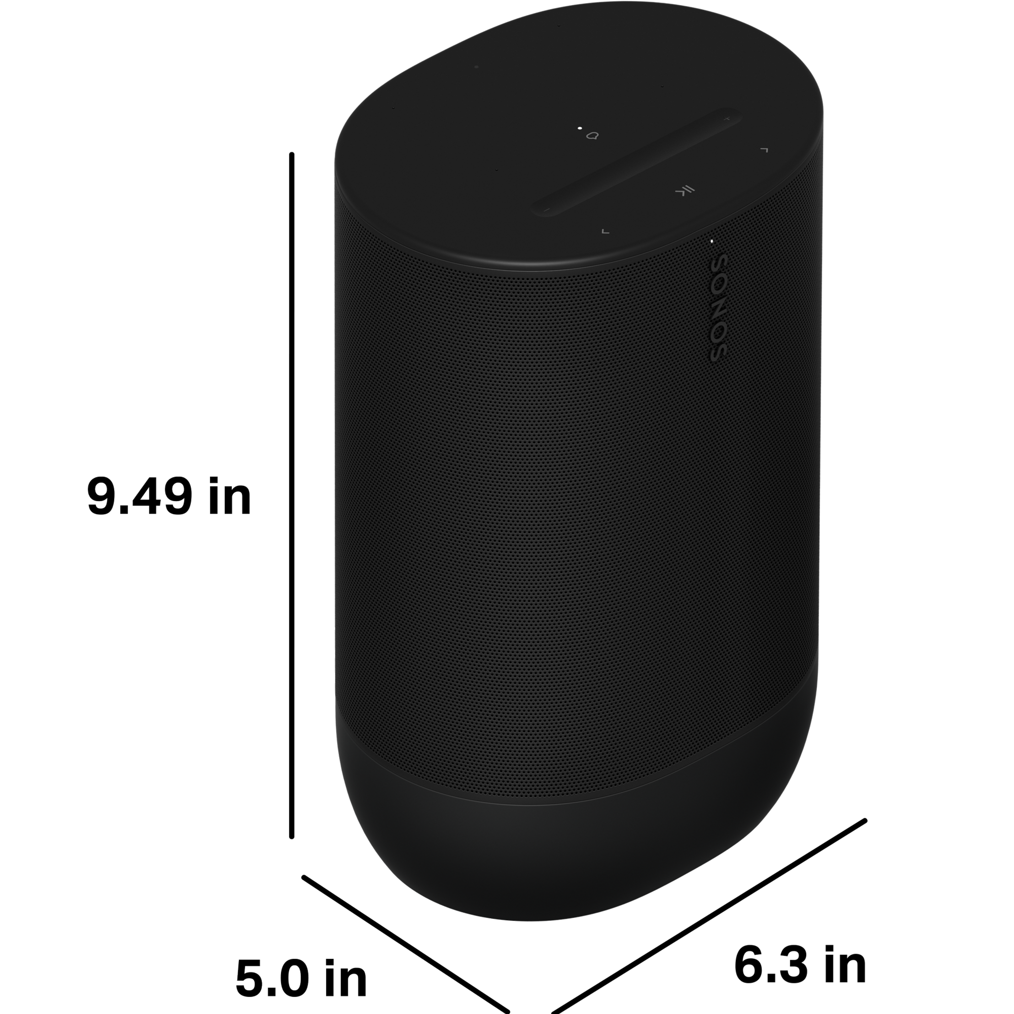 Move 2 is 9.49 inches (241 mm) tall, 5.0 inches (127 mm) deep, and 6.3 inches (160 mm) wide