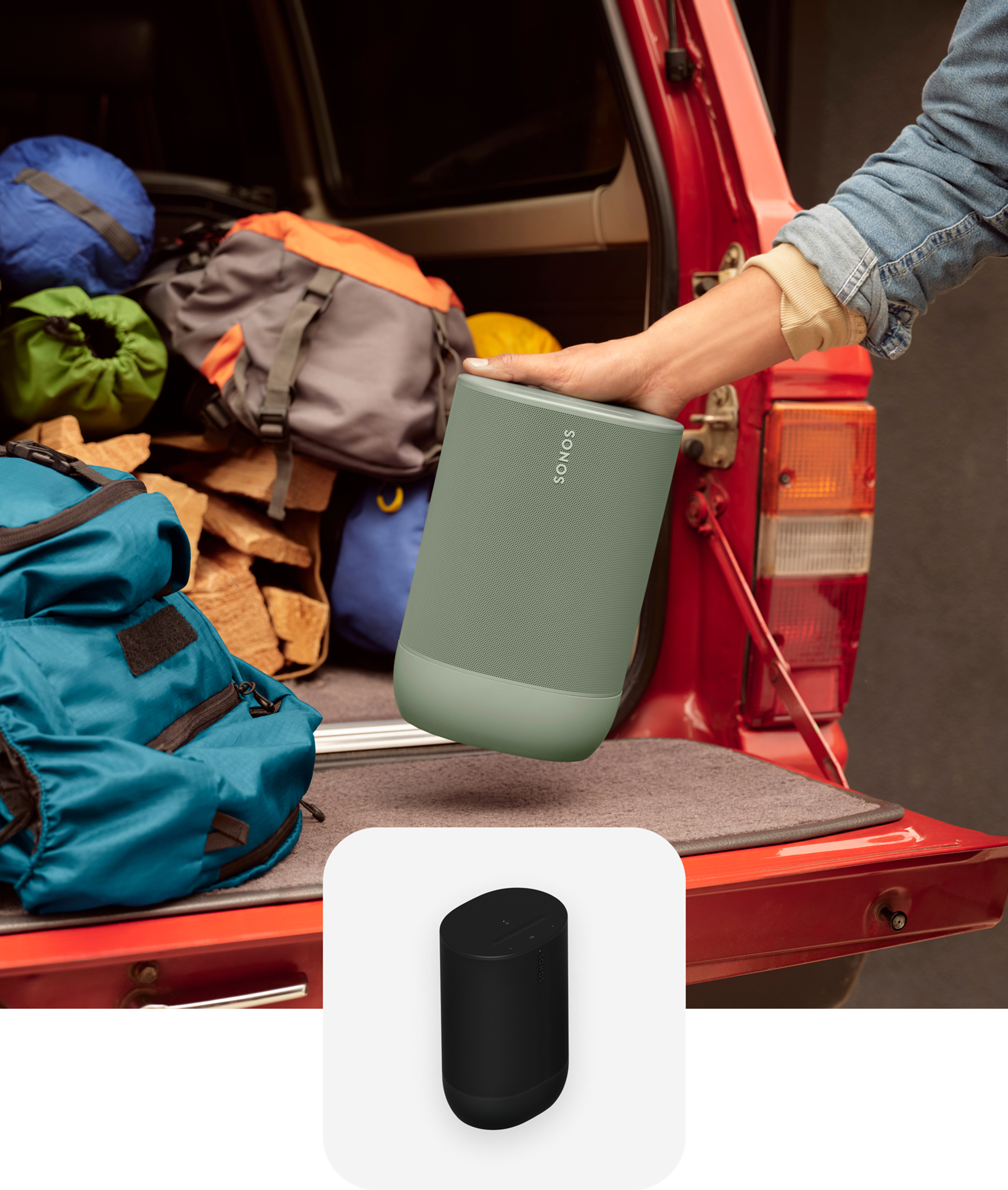 User loading up an olive-coloured Move 2 in the back of a truck for a camping trip