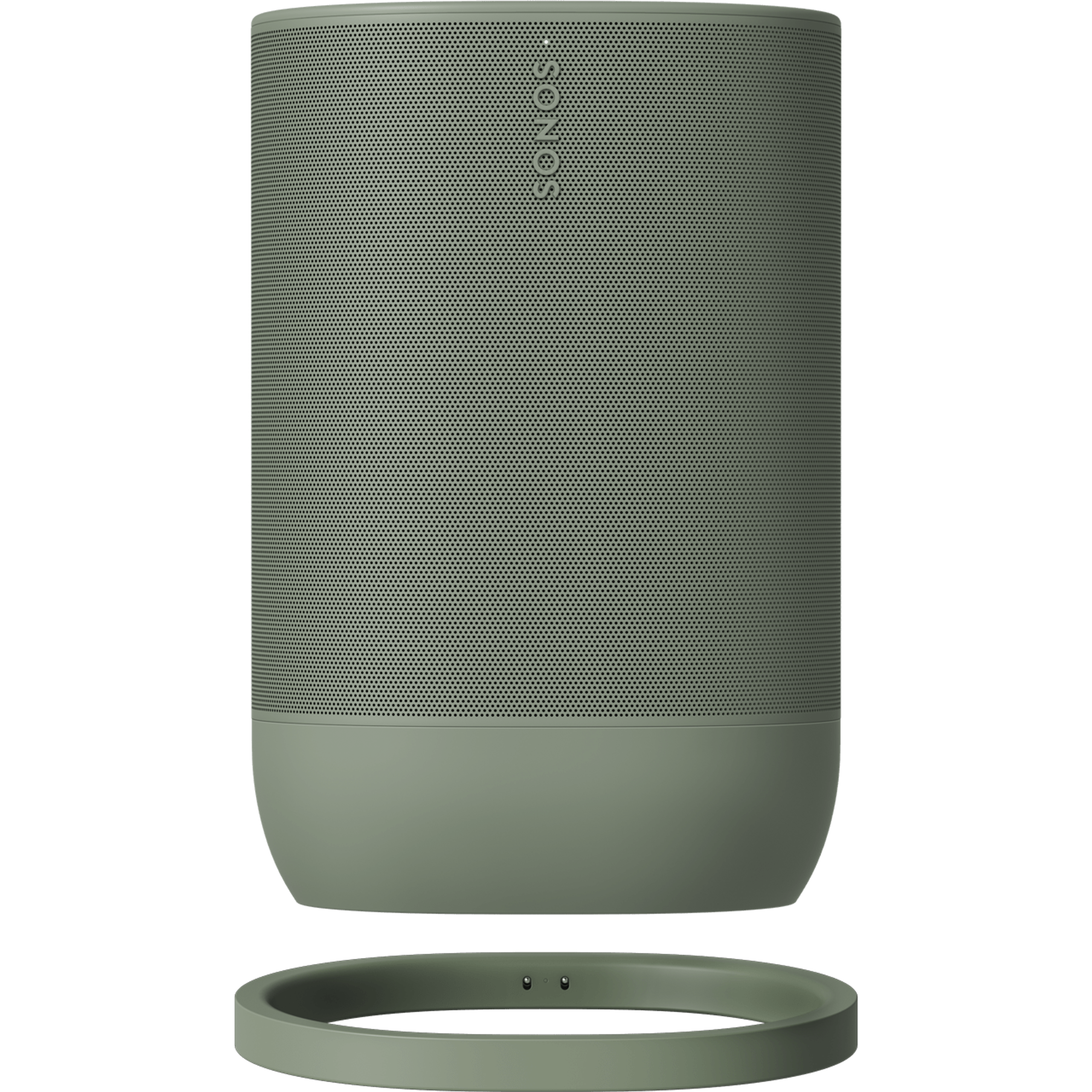 Sonos Move 2 w kolorze zielonym unosi się nad dopasowaną podstawą ładującą