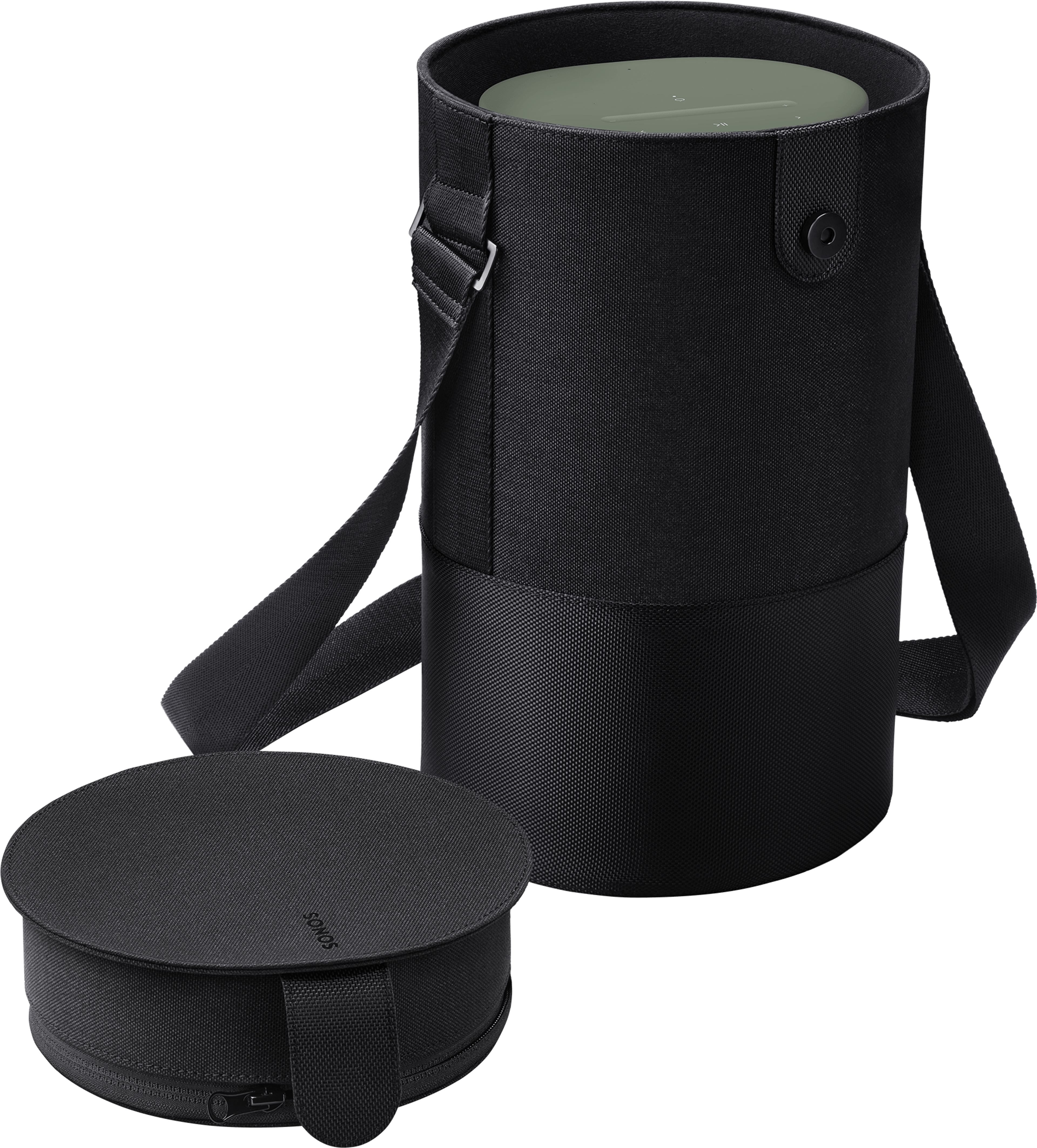 Image d'une housse de transport pour Sonos Move ouverte et tournée sur le côté, avec un Sonos Move en Olive à l'intérieur