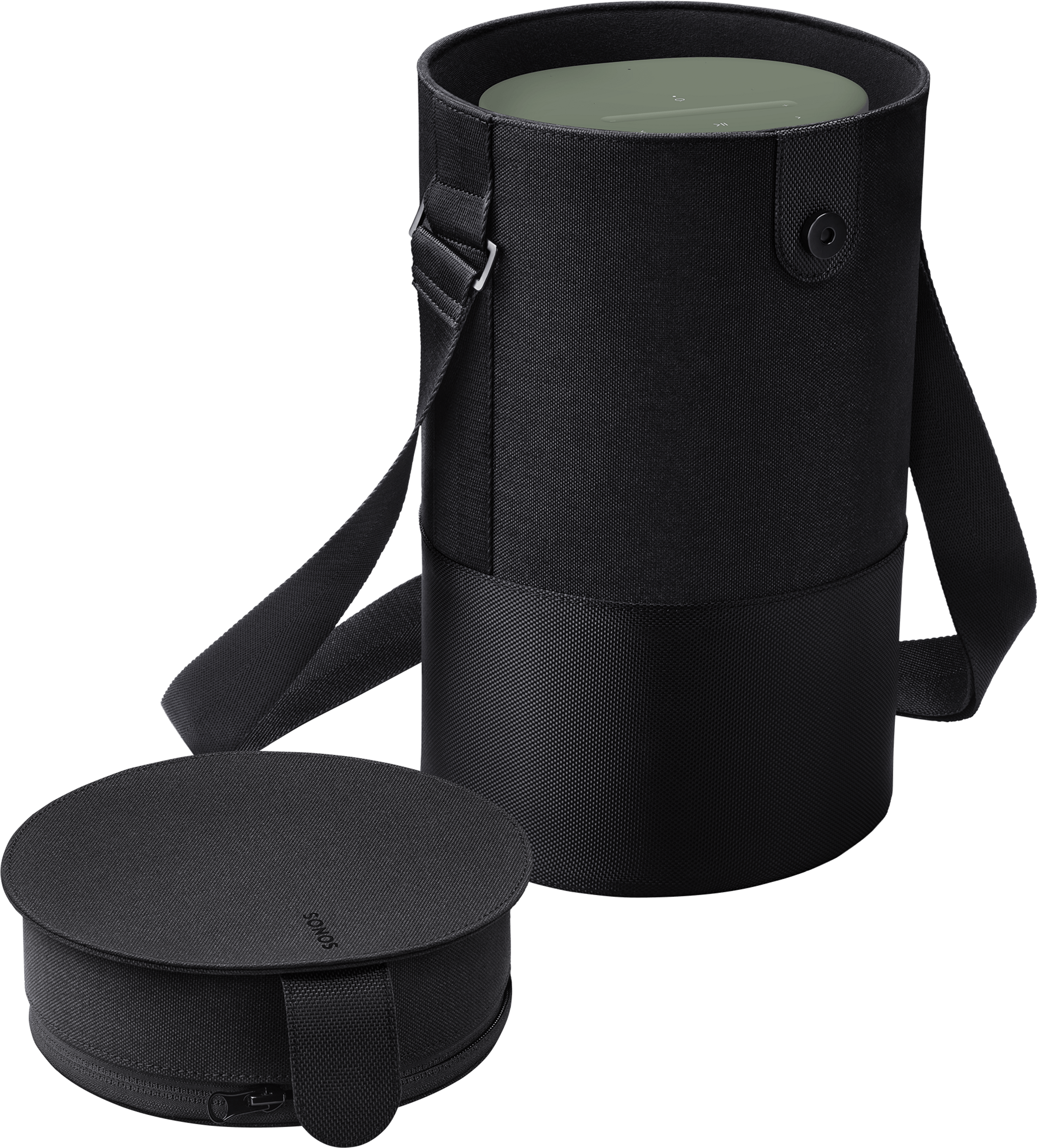 Image d'une housse de transport pour Sonos Move ouverte et tournée sur le côté, avec un Sonos Move en Olive à l'intérieur