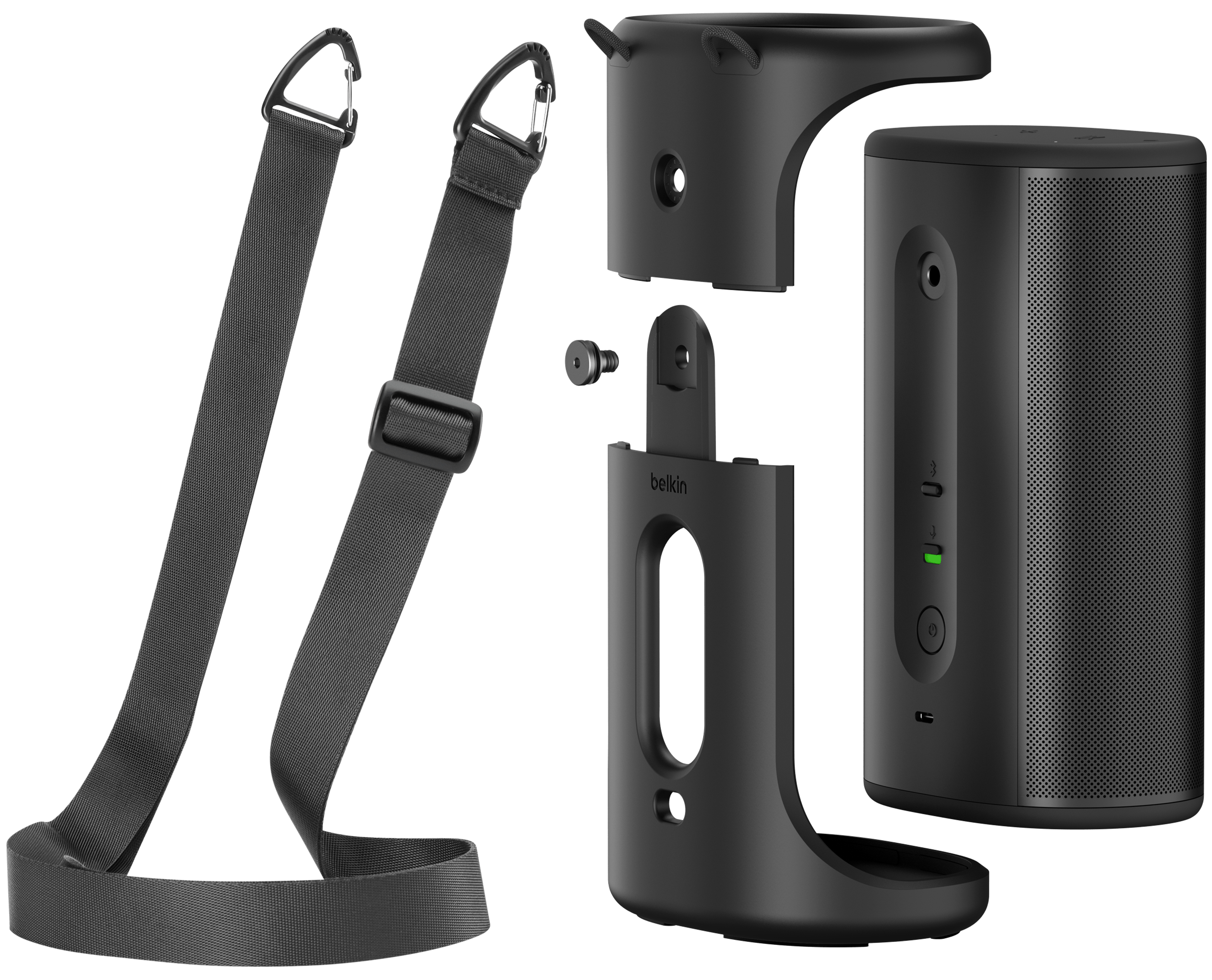 Vista in cui si mostrano i componenti della custodia Belkin nera per Sonos Play