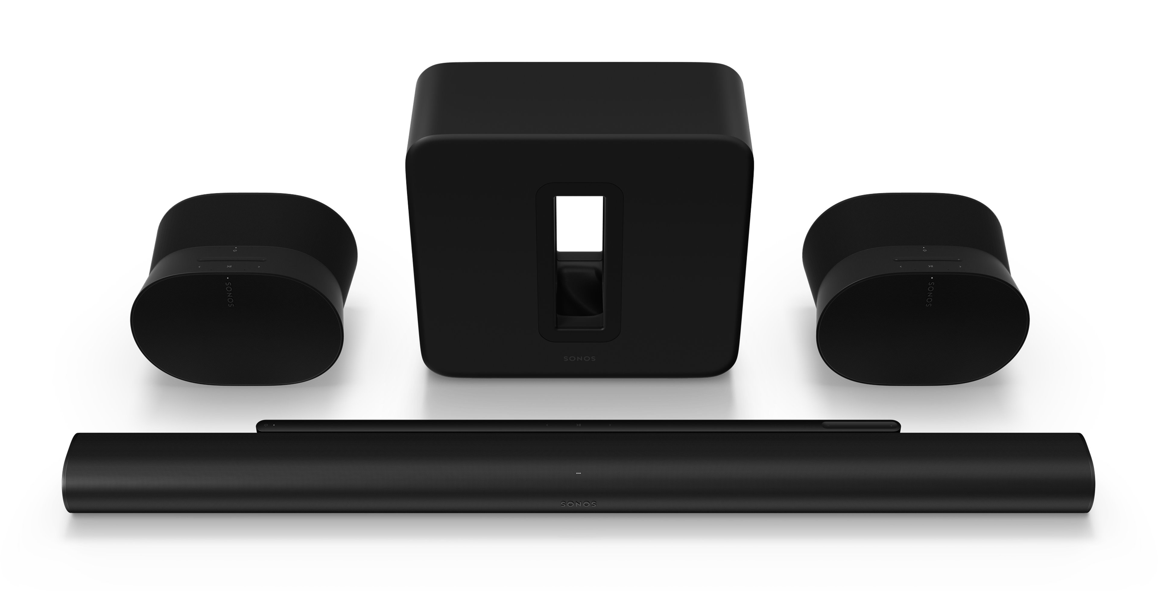 Pack home cinéma avec Sonos Arc Ultra, Sonos Sub 4 et deux Sonos Era 300 en noir