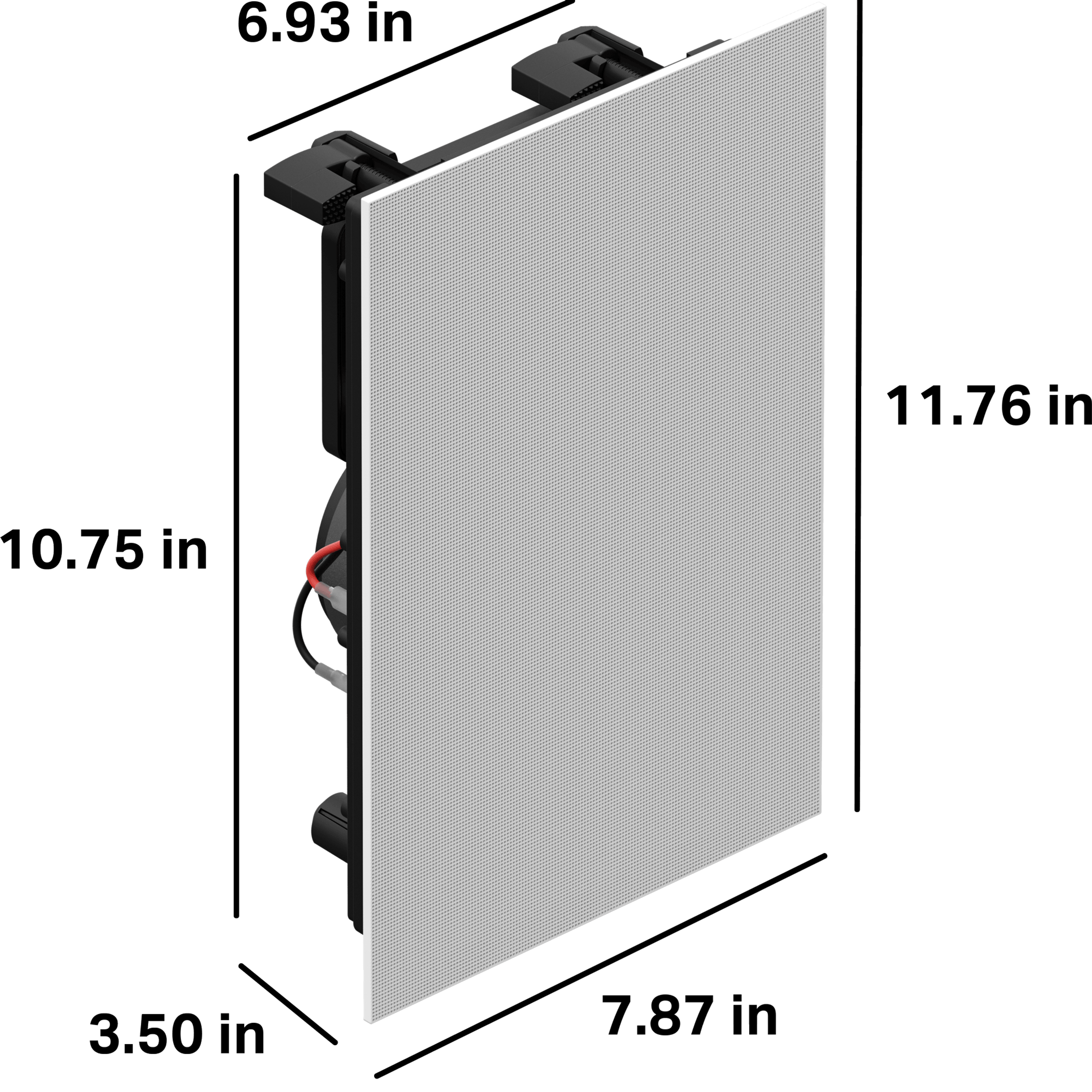 The housing for these in-wall speakers is 10.75 inches (273 mm) tall, 6.93 inches (176 mm) wide, and 3.5 inches (89 mm) deep. The outer grille is 7.87 inches (199.9 mm) wide and 11.76 (298.7 mm) inches tall.