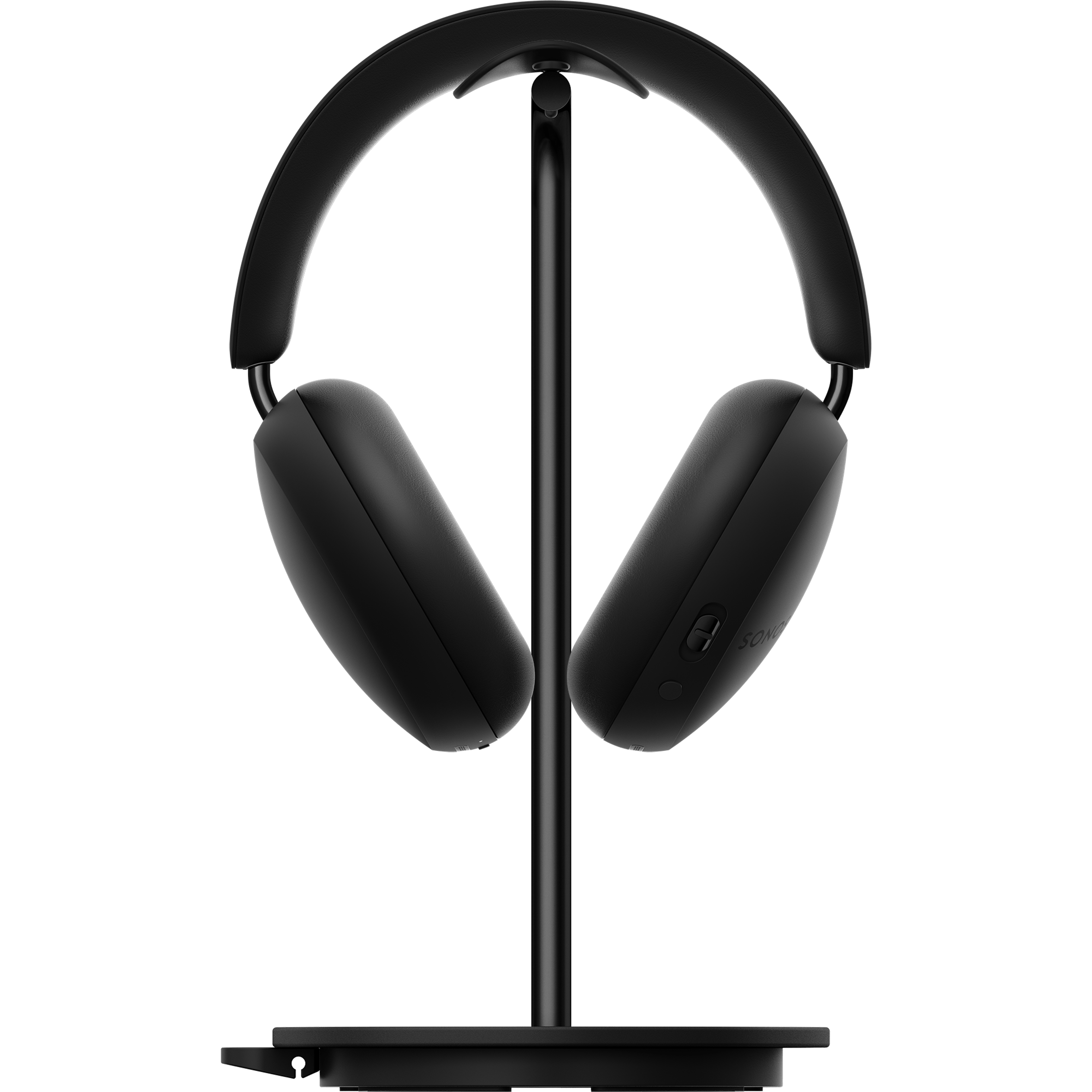 Front view of black Sonos Ace headphones on Sanus Stand for Sonos Ace